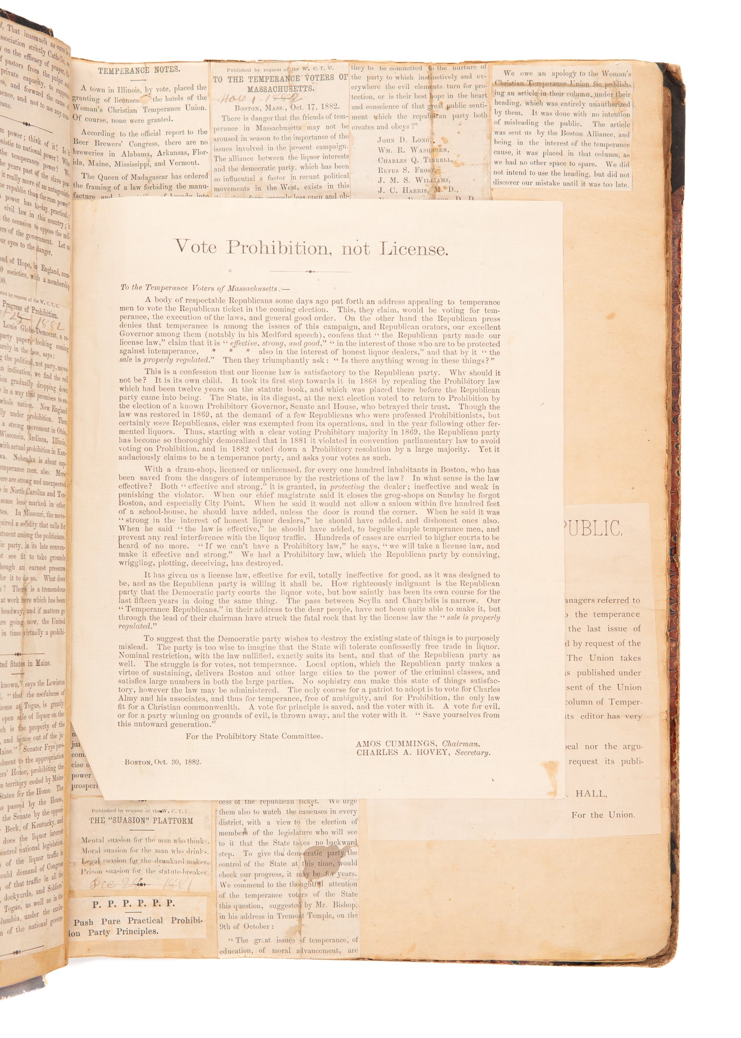 1880 TEMPERANCE - PROHIBITION. Massive Scrapbook with Prohibition Party Broadsides, Letters, &c.