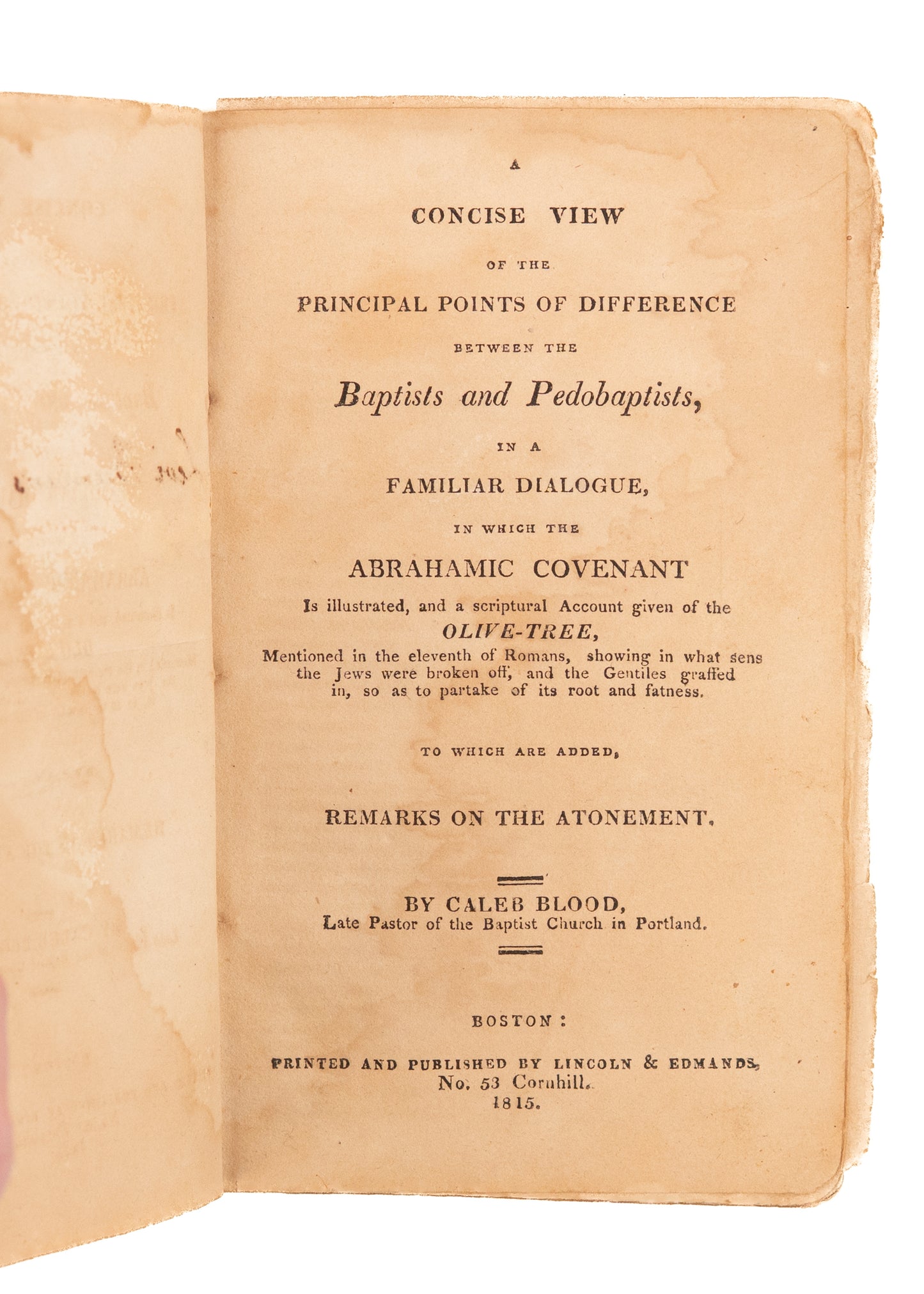1815 CALEB BLOOD. Rare Baptist - Principal Difference Between the Baptists and Pedobaptists.