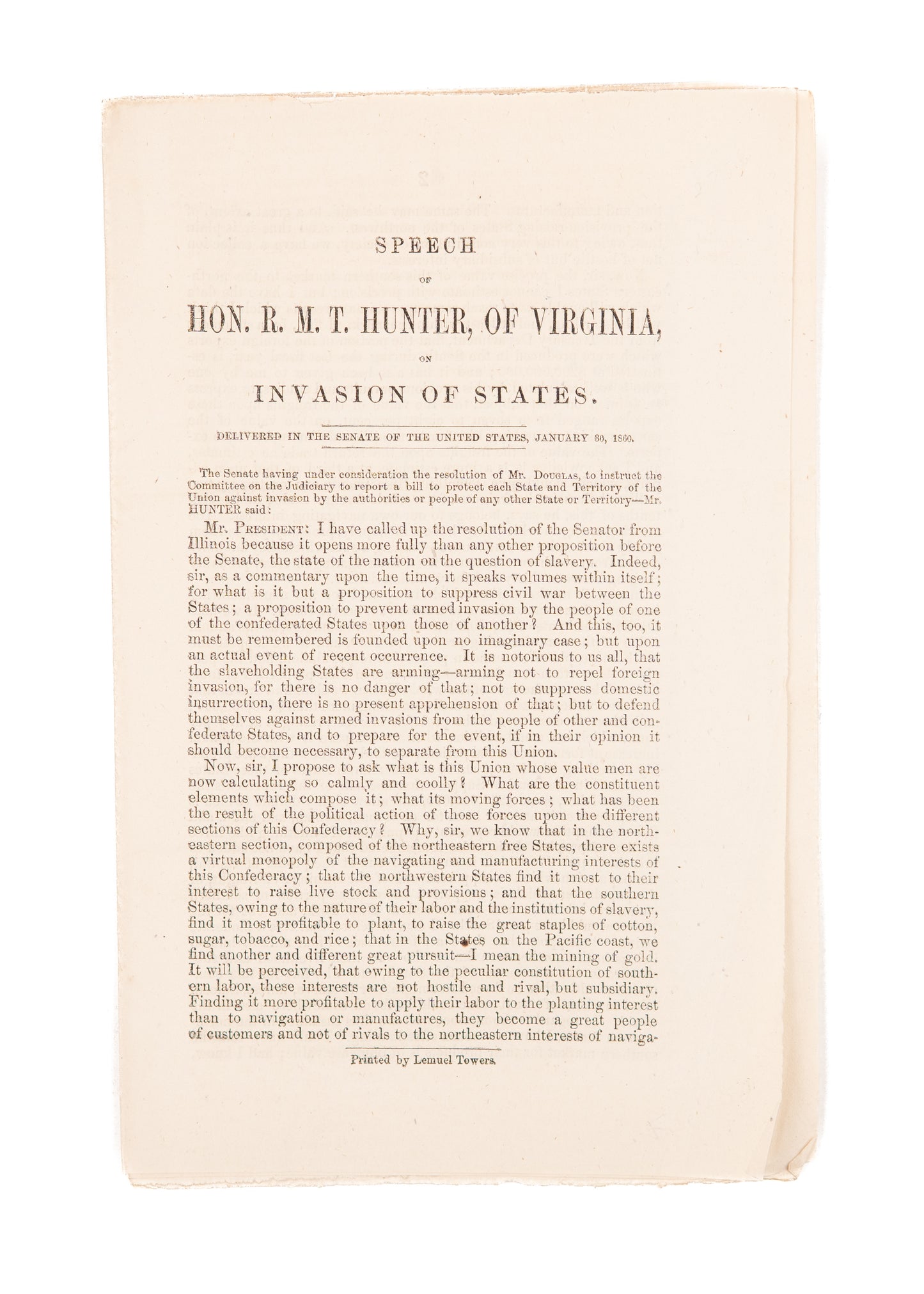 1860 JOHN BROWN. Confederate Secretary of State Argues John Brown an Invasion. Pro-Slavery.