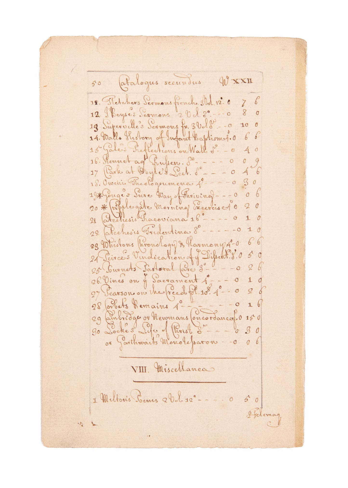 1735 PHILIP DODDRIDGE. Unpublished MSs on Books Recommended for Pastors & Preachers.