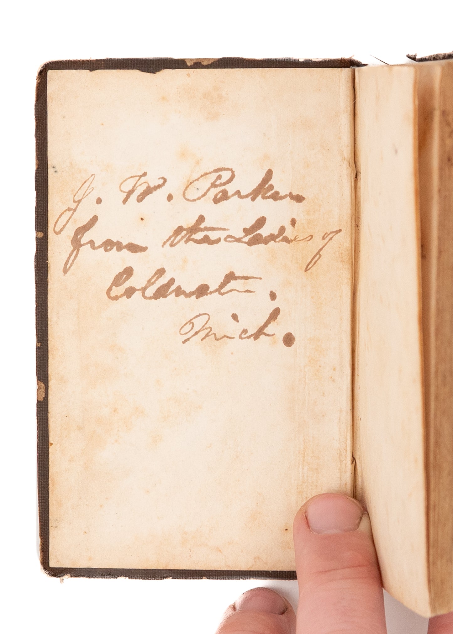 1860 CIVIL WAR BIBLE. American Bible Society. Mustered in Jackson County, Michigan. Rare Inscription.