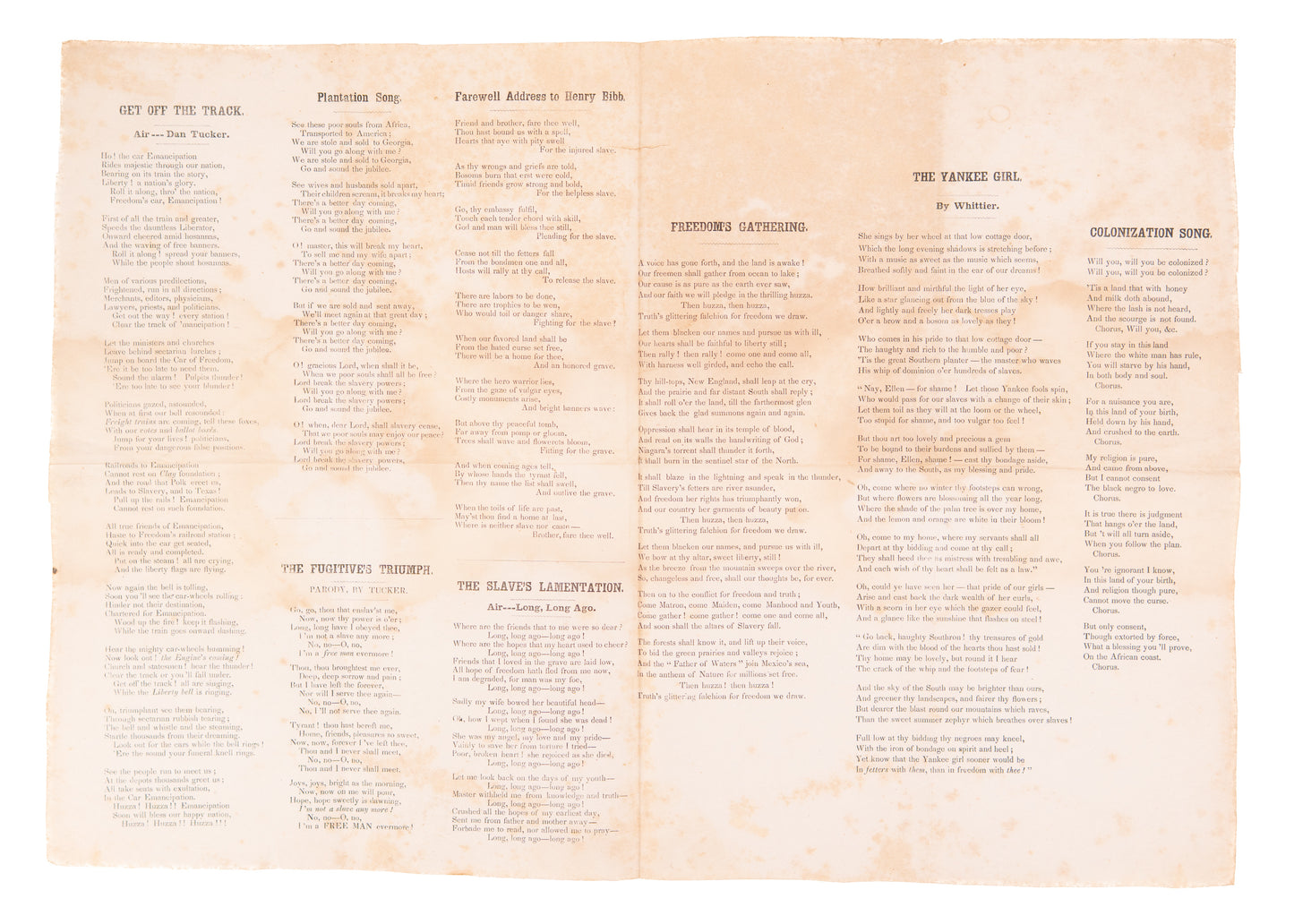 1844 ANTI-SLAVERY. Very Rare Broadside Song Sheet for 1840's Anti-Slavery Gathering.