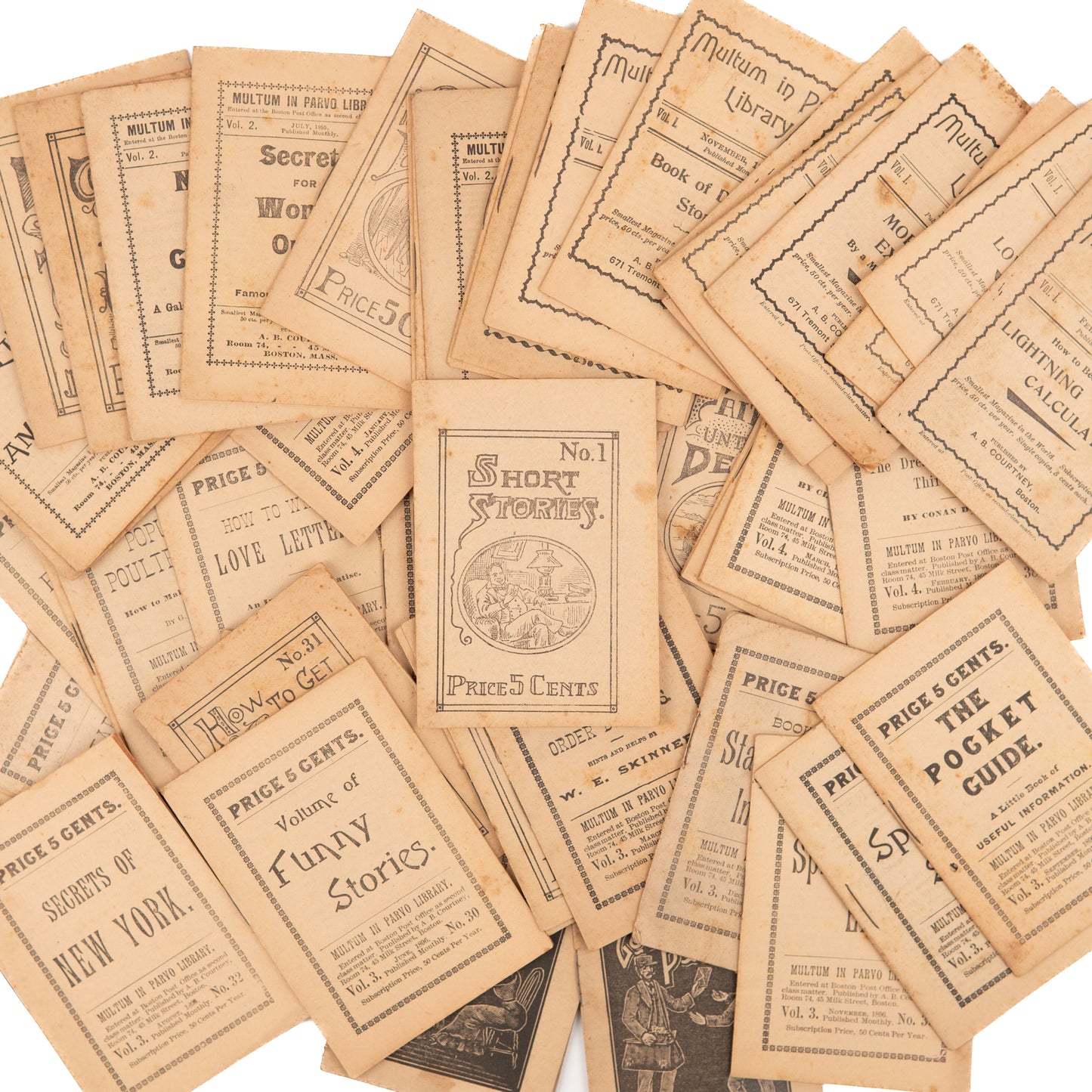 1894-1898 MULTUM IN PARVO LIBRARY. 55 Miniature Volumes on Spiritualism, Mormonism, Prostitution, &c.