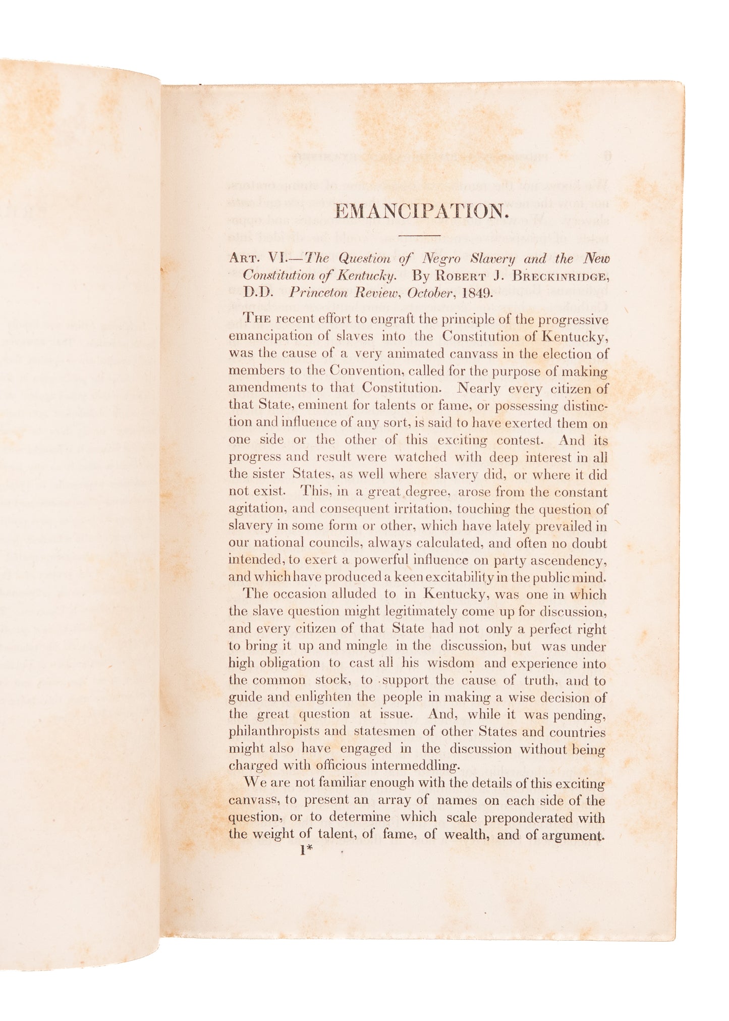 1850 ROBERT BRECKINRIDGE. A System of Prospective Emancipation. Kentucky Plan for Slavery.