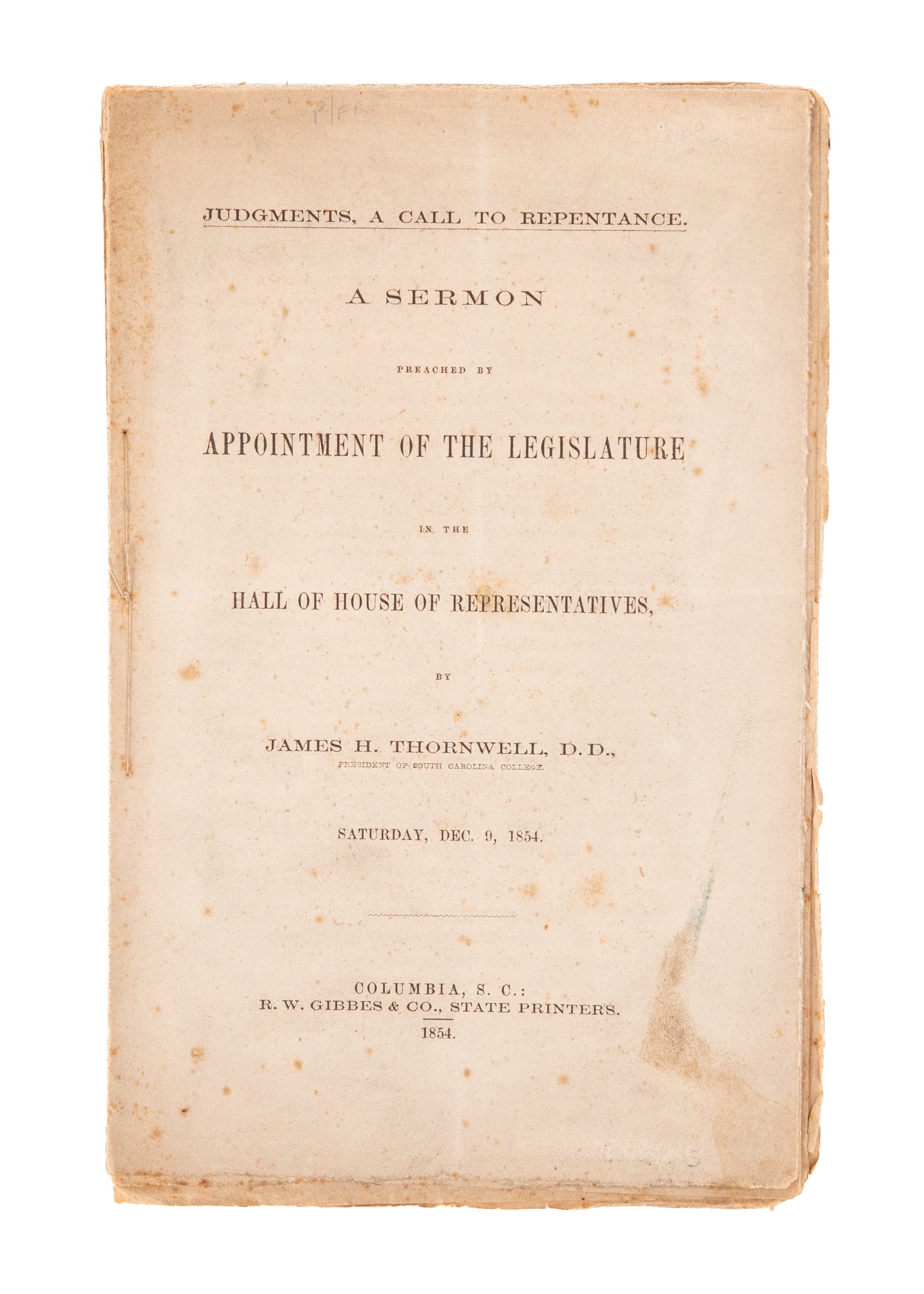 1854 J. H. THORNWELL. Judgements, A Call to Repentance. Yellow Fever Outbreak in Charlestown.