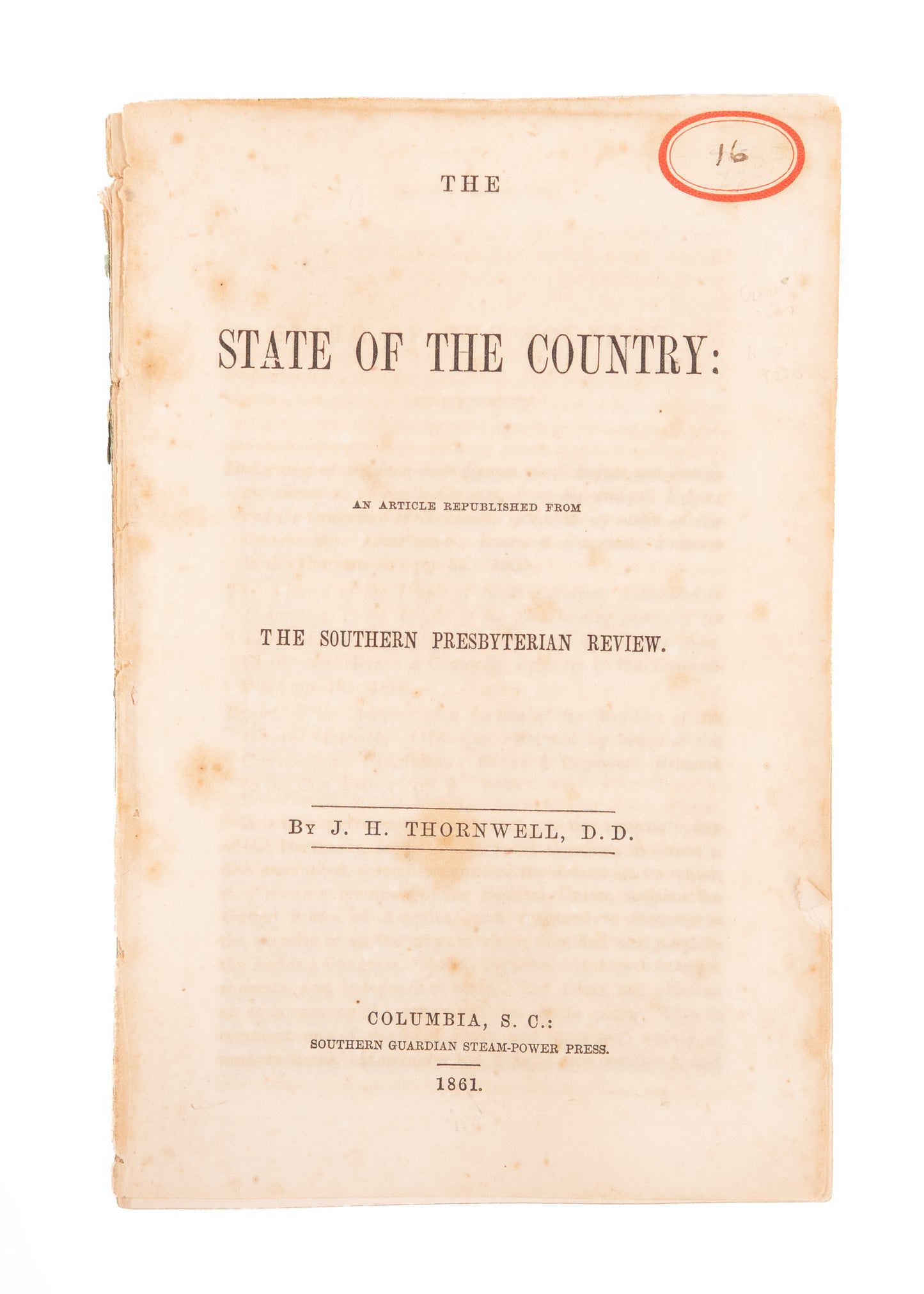 1861 J. H. THORNWELL. On the Moral Dignity of Southern Slavery & Northern Hypocrisy.