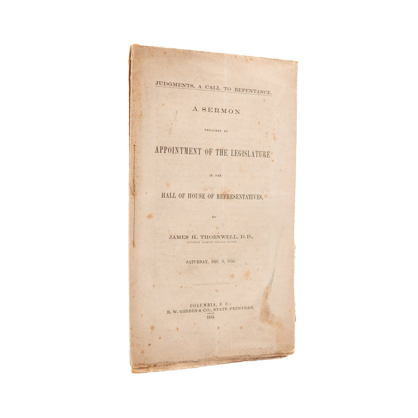 1854 J. H. THORNWELL. Judgements, A Call to Repentance. Yellow Fever Outbreak in Charlestown.