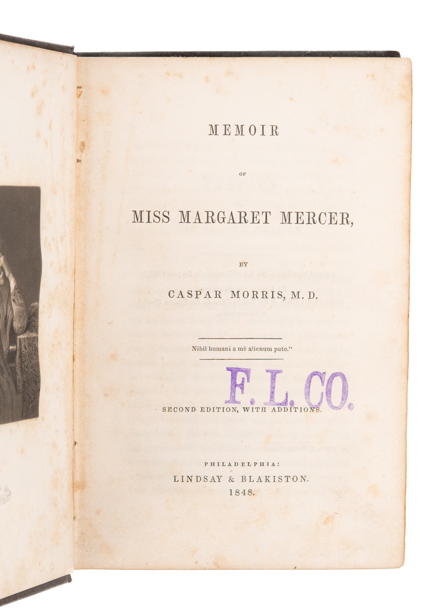 1848 CASPAR MORRIS. Memoir of Abolitionist & Slave Educator, Miss Margaret Mercer.