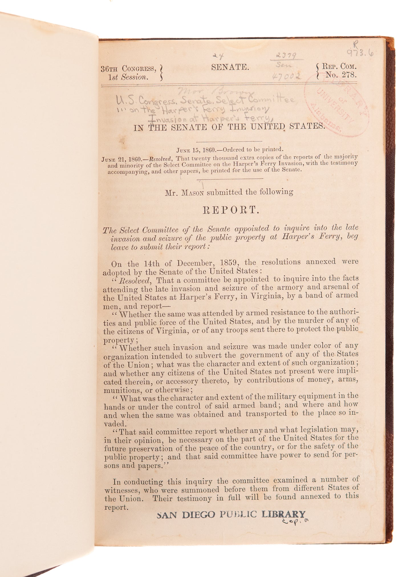 1860 JOHN BROWN & HARPER'S FERRY. First-Hand Testimonies in Congress - Slavery - Abolition - Civil War.