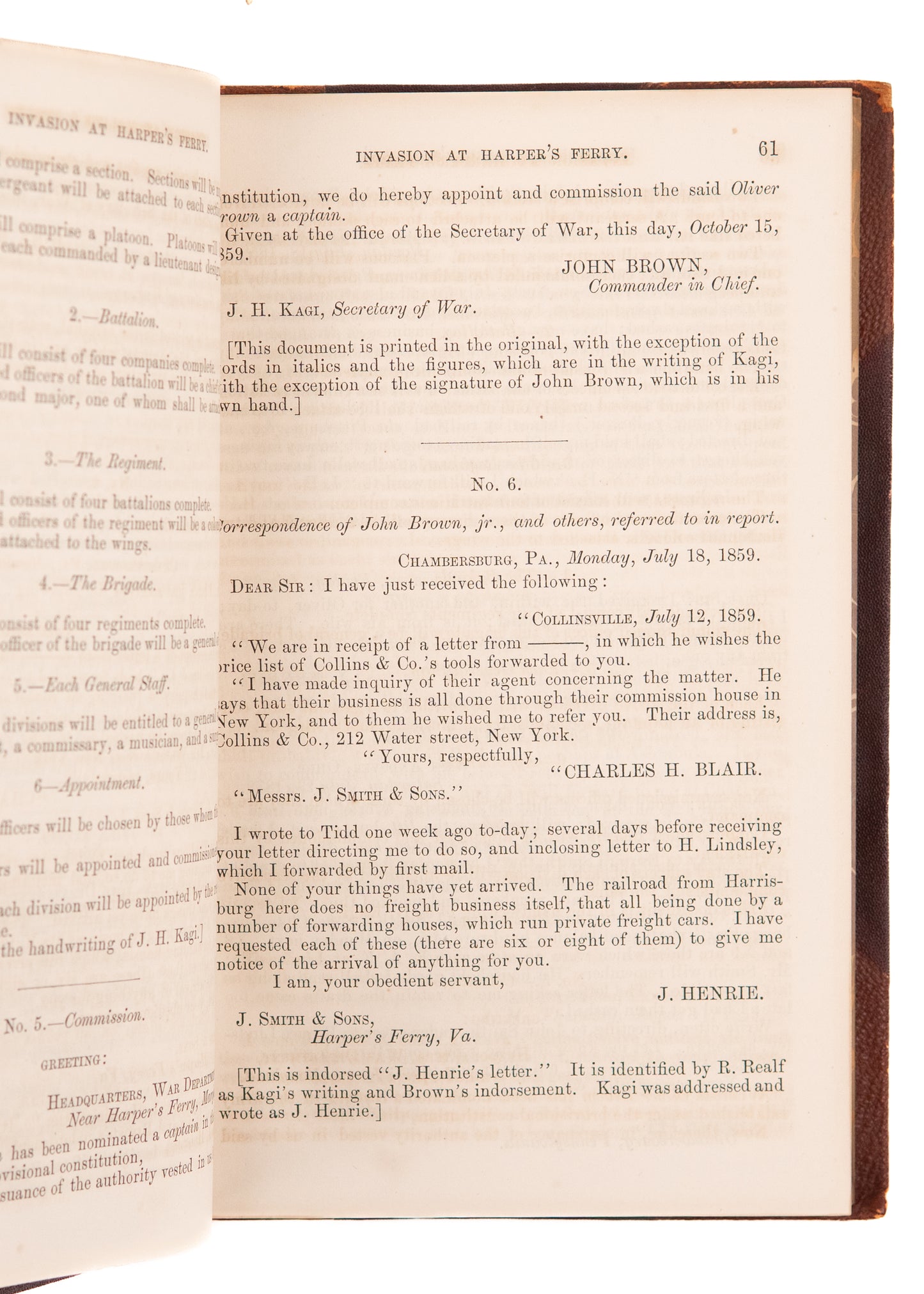 1860 JOHN BROWN & HARPER'S FERRY. First-Hand Testimonies in Congress - Slavery - Abolition - Civil War.