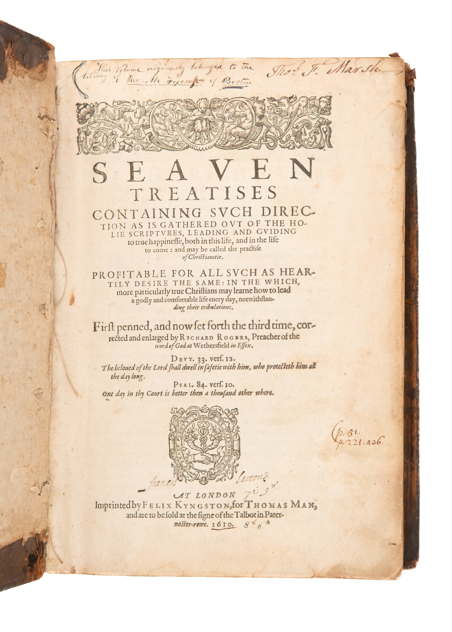 1610 RICHARD ROGERS. Seven Treatises on Vital Godliness. Thomas Foxcroft's Copy of Rare Puritan Work.