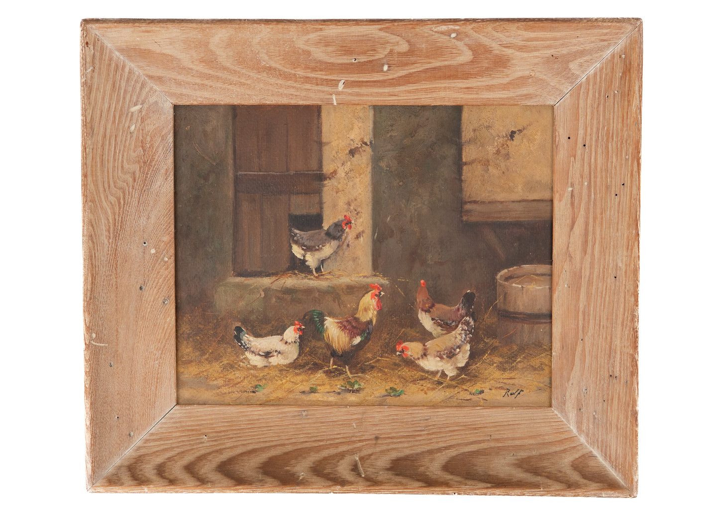 1930 RUDOLF ROLF - Charming Original Oil on Canvas of Chickens in the Farmyard.