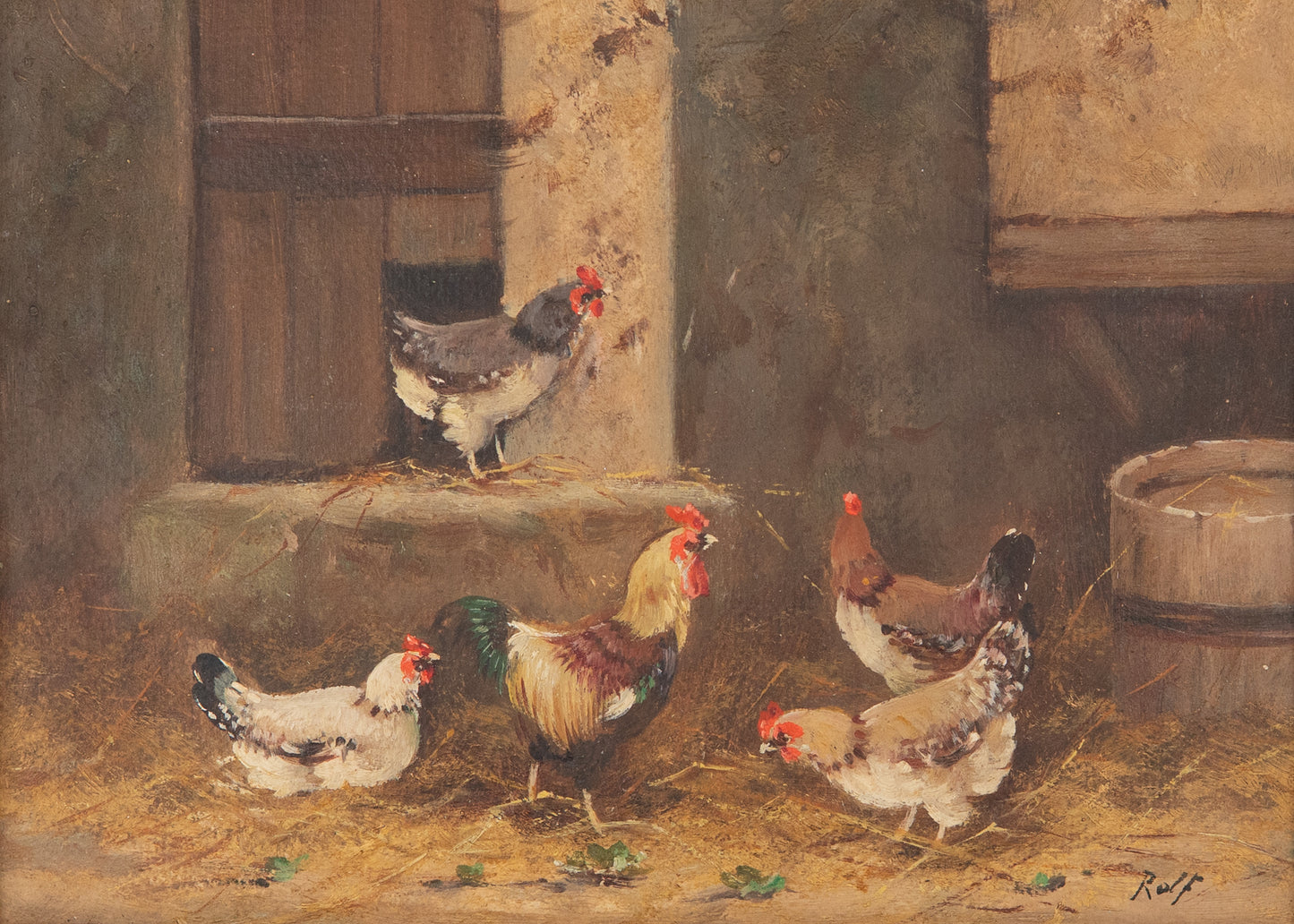1930 RUDOLF ROLF - Charming Original Oil on Canvas of Chickens in the Farmyard.