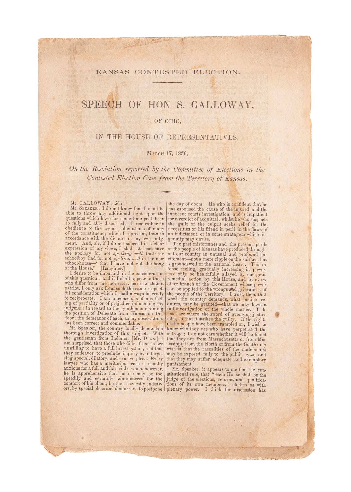 1856 SAMUEL GALLOWAY. Kansas Contested Election. Rare 1856 Republican Imprint - Slavery.