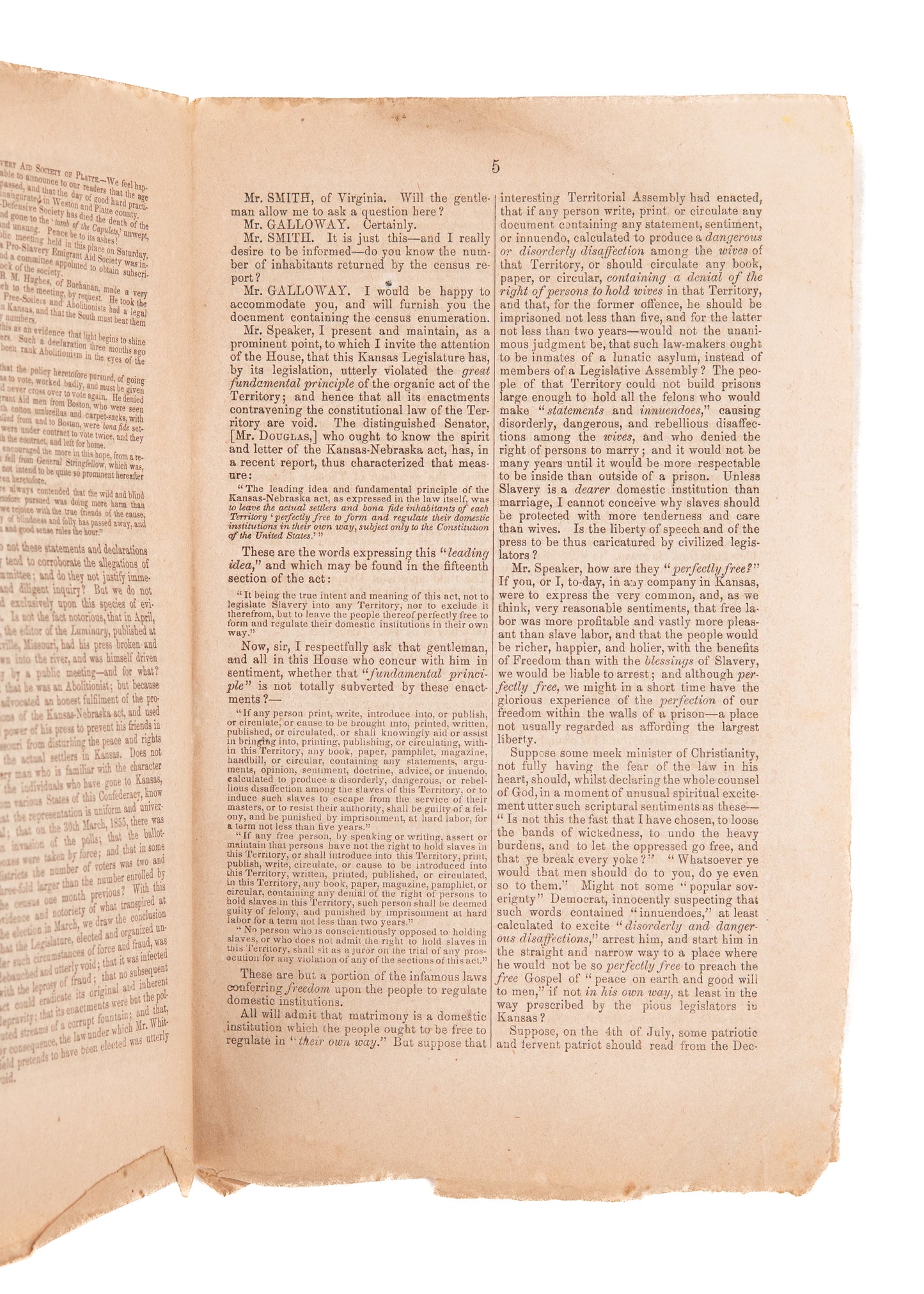 1856 SAMUEL GALLOWAY. Kansas Contested Election. Rare 1856 Republican Imprint - Slavery.