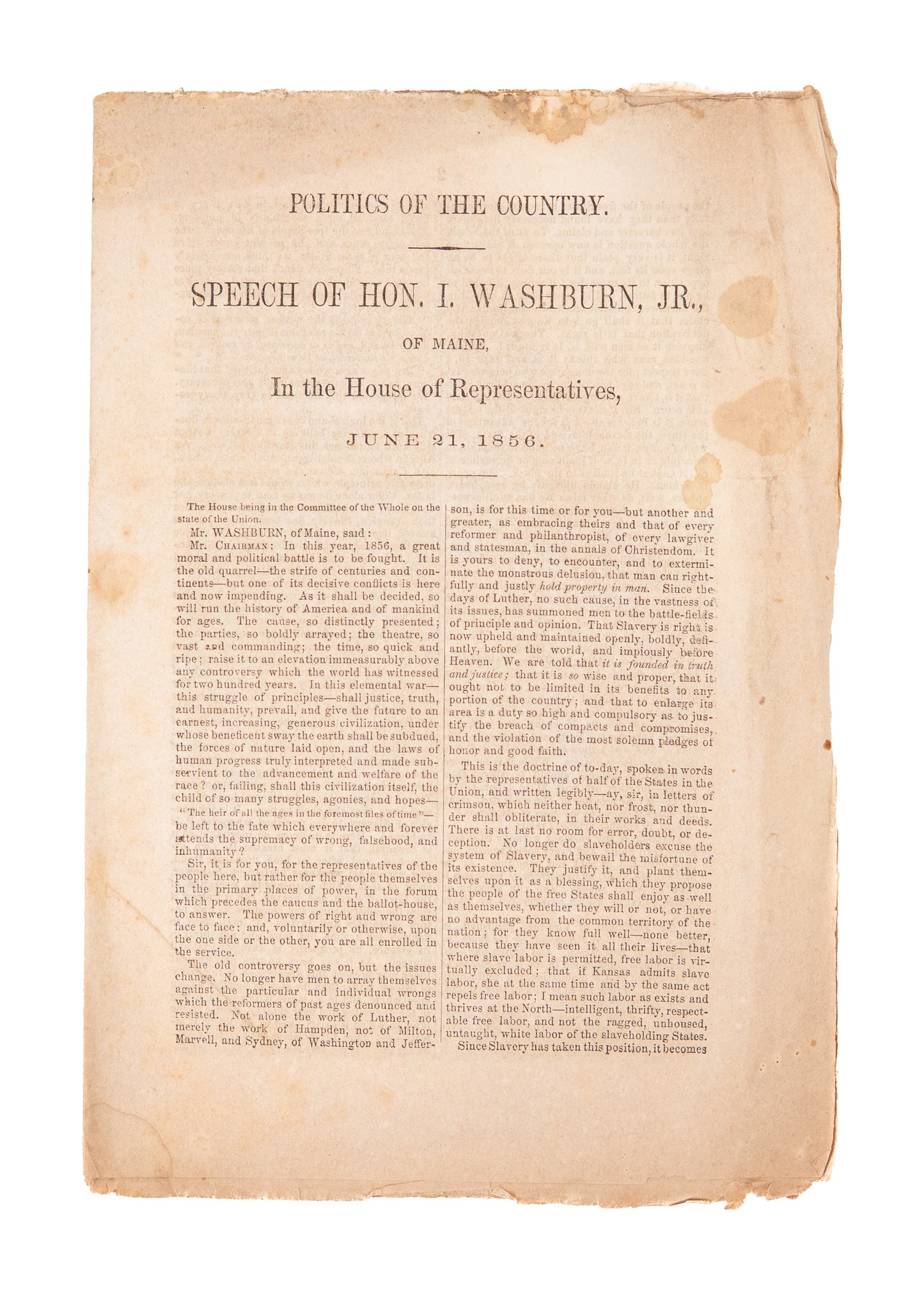1856 ISRAEL WASHBURN. Rare on Republican View of Slavery & Country by Founding Member of the Party.