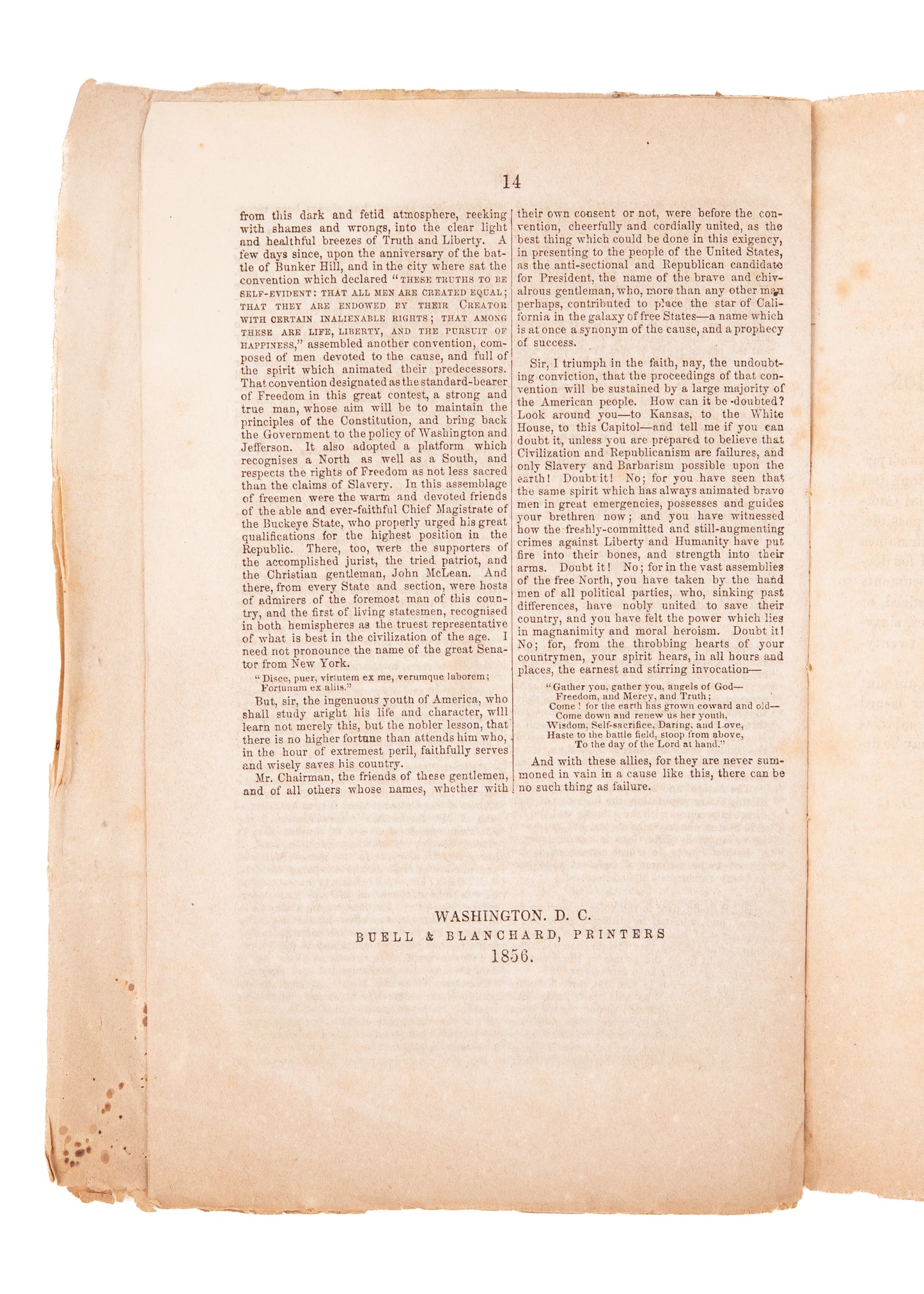 1856 ISRAEL WASHBURN. Rare on Republican View of Slavery & Country by Founding Member of the Party.