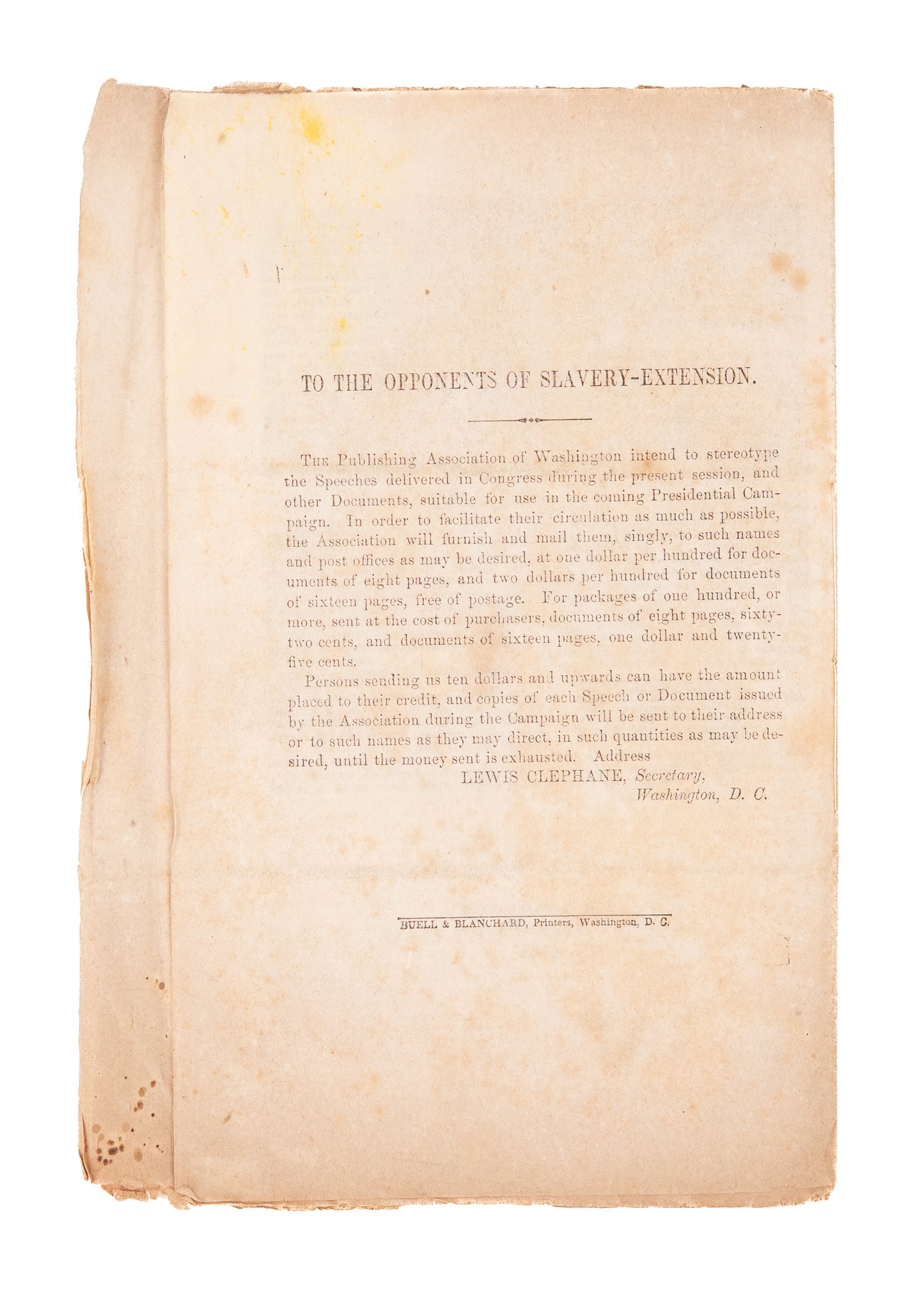 1856 ISRAEL WASHBURN. Rare on Republican View of Slavery & Country by Founding Member of the Party.