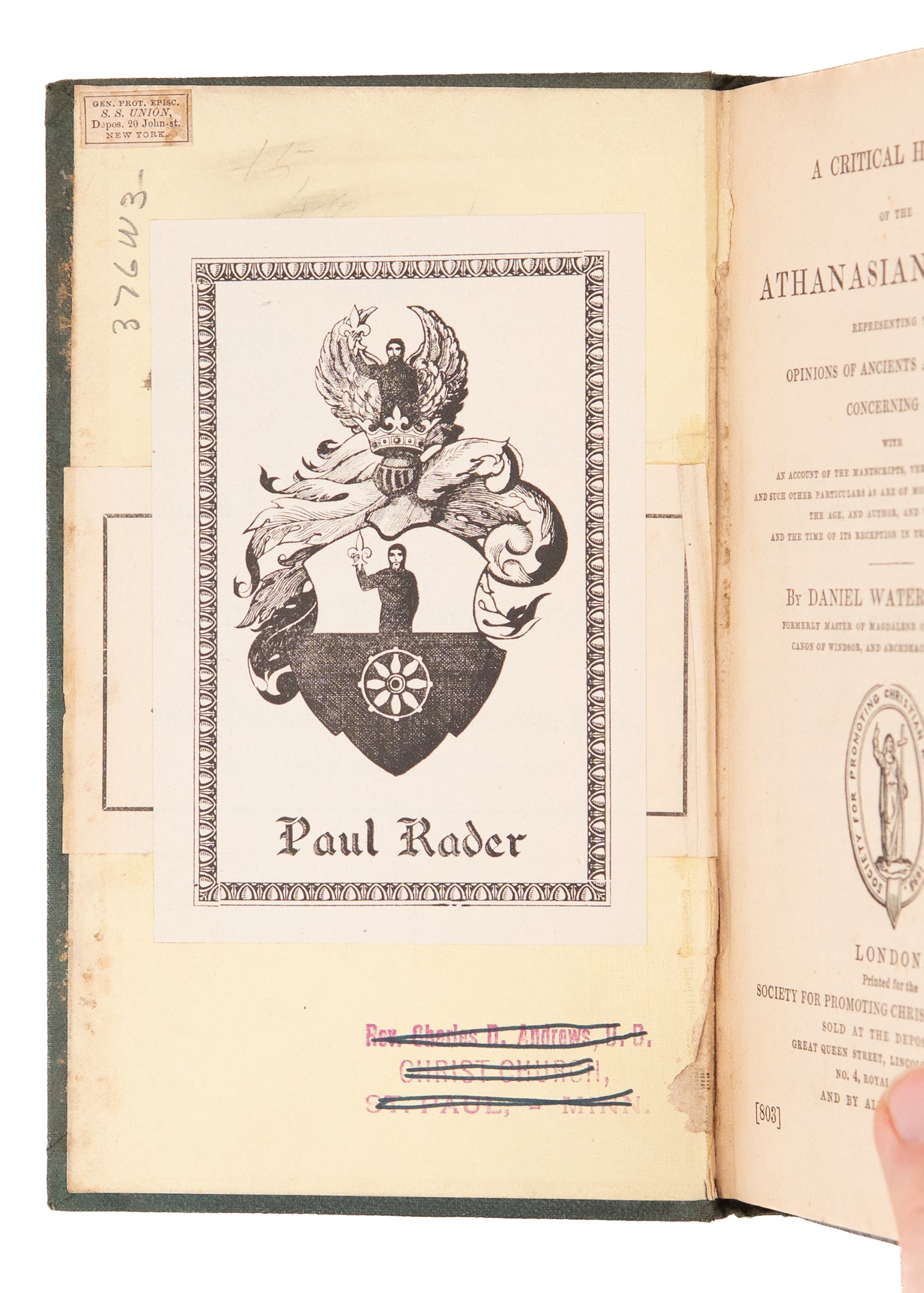 1850 DANIEL WATERLAND. Critical History of the Athanasian Creed. Paul Rader's Personal Copy.