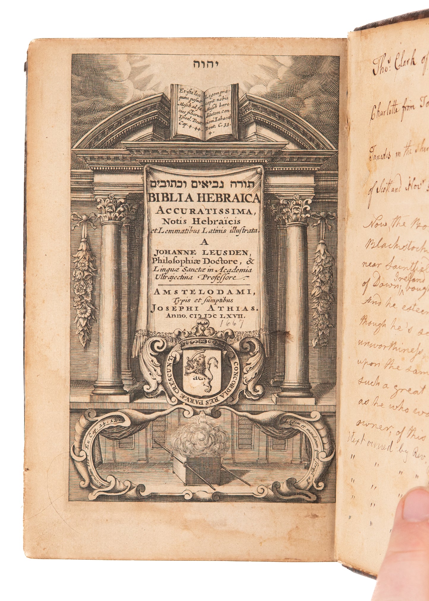 1667 JOSEPH ATHIAS. Superb Hebrew Old Testament with American Salem Witch Trial Association..