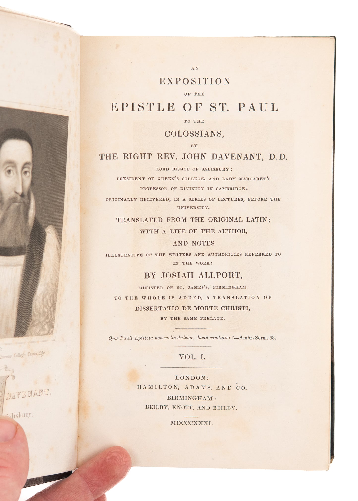 1831 JOHN DAVENANT. An Exposition of the Epistle of St. Paul to the Colossians. Rare Puritan.