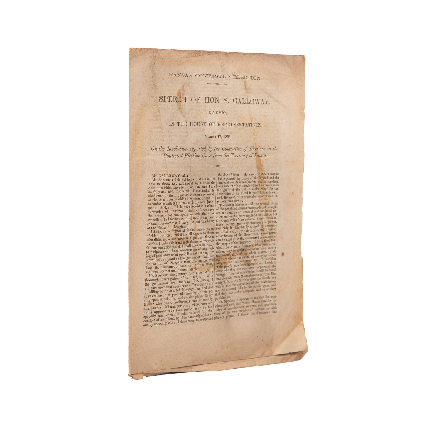 1856 SAMUEL GALLOWAY. Kansas Contested Election. Rare 1856 Republican Imprint - Slavery.