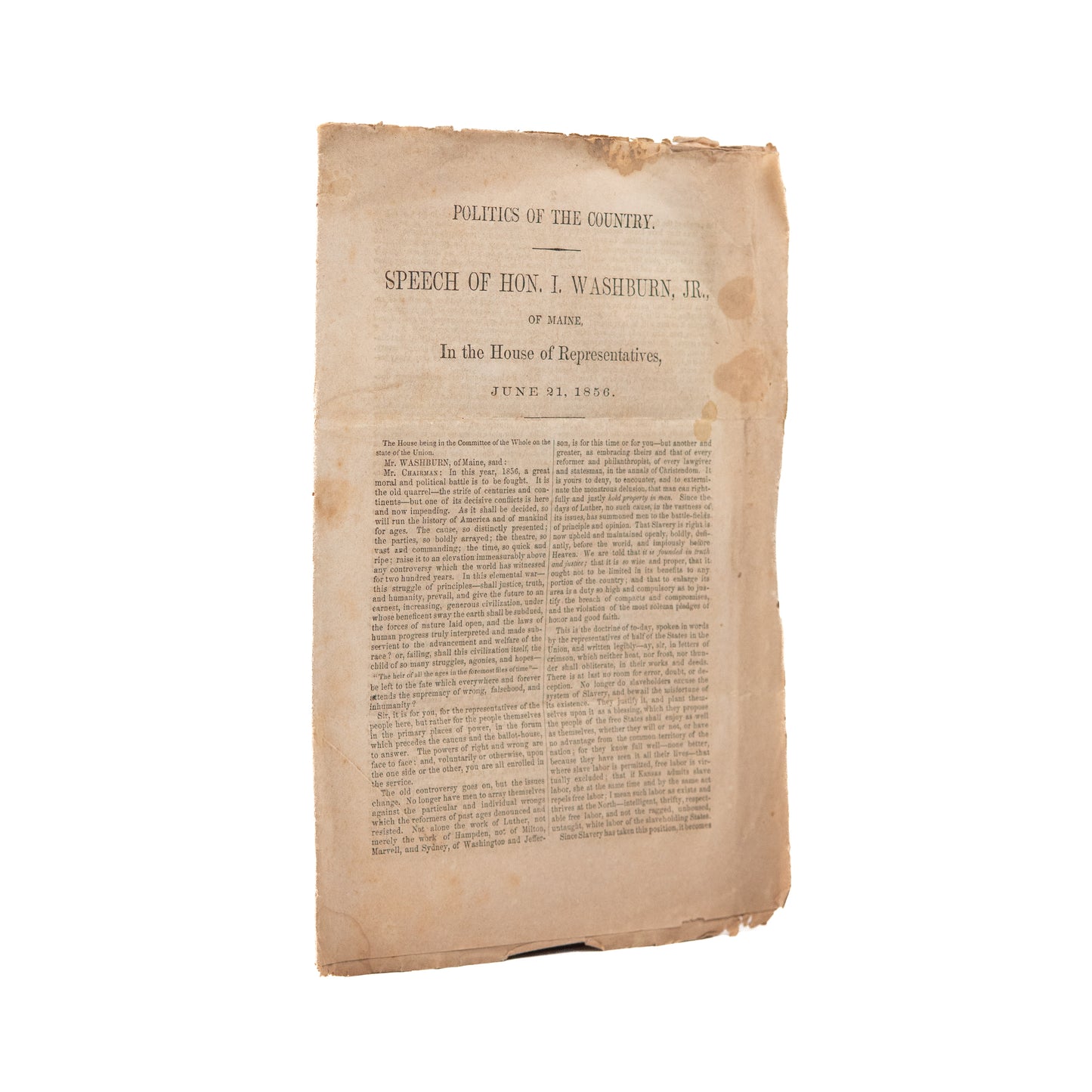 1856 ISRAEL WASHBURN. Rare on Republican View of Slavery & Country by Founding Member of the Party.