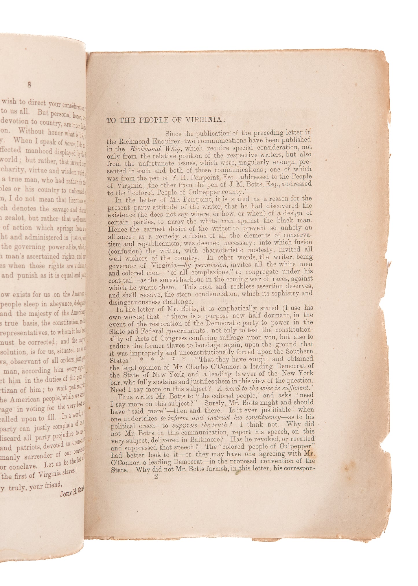 1867 JOHN. H. GILMER. War of Races. Anti-Lloyd Garrison Abolitionist Argues Against John Brown &c.