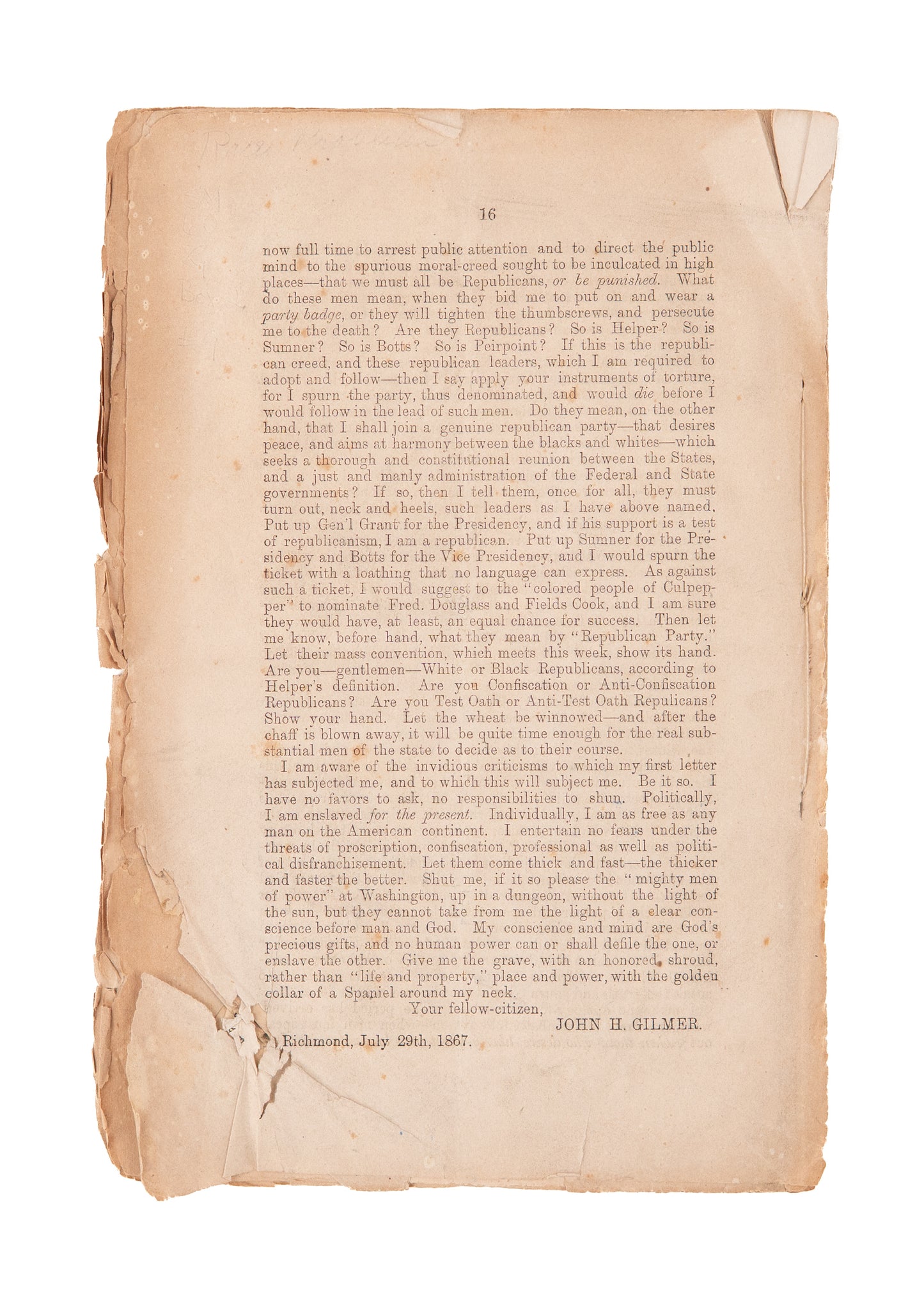 1867 JOHN. H. GILMER. War of Races. Anti-Lloyd Garrison Abolitionist Argues Against John Brown &c.