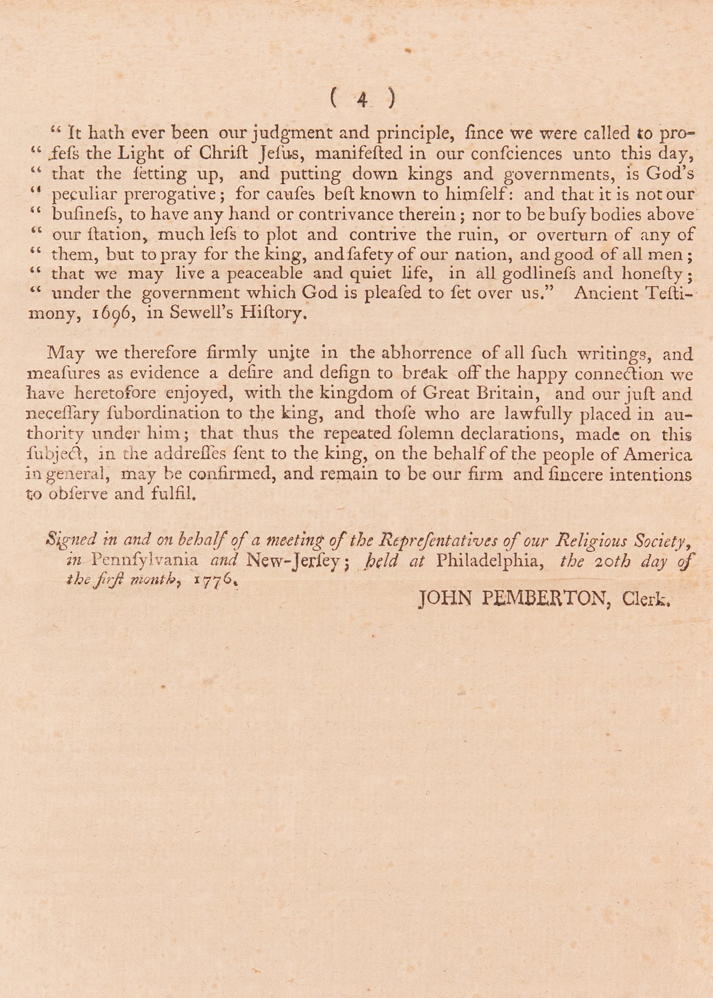 1776 QUAKER NON-RESISTANCE MANIFESTO. A Significant Contemporary to the Declaration of Independence.