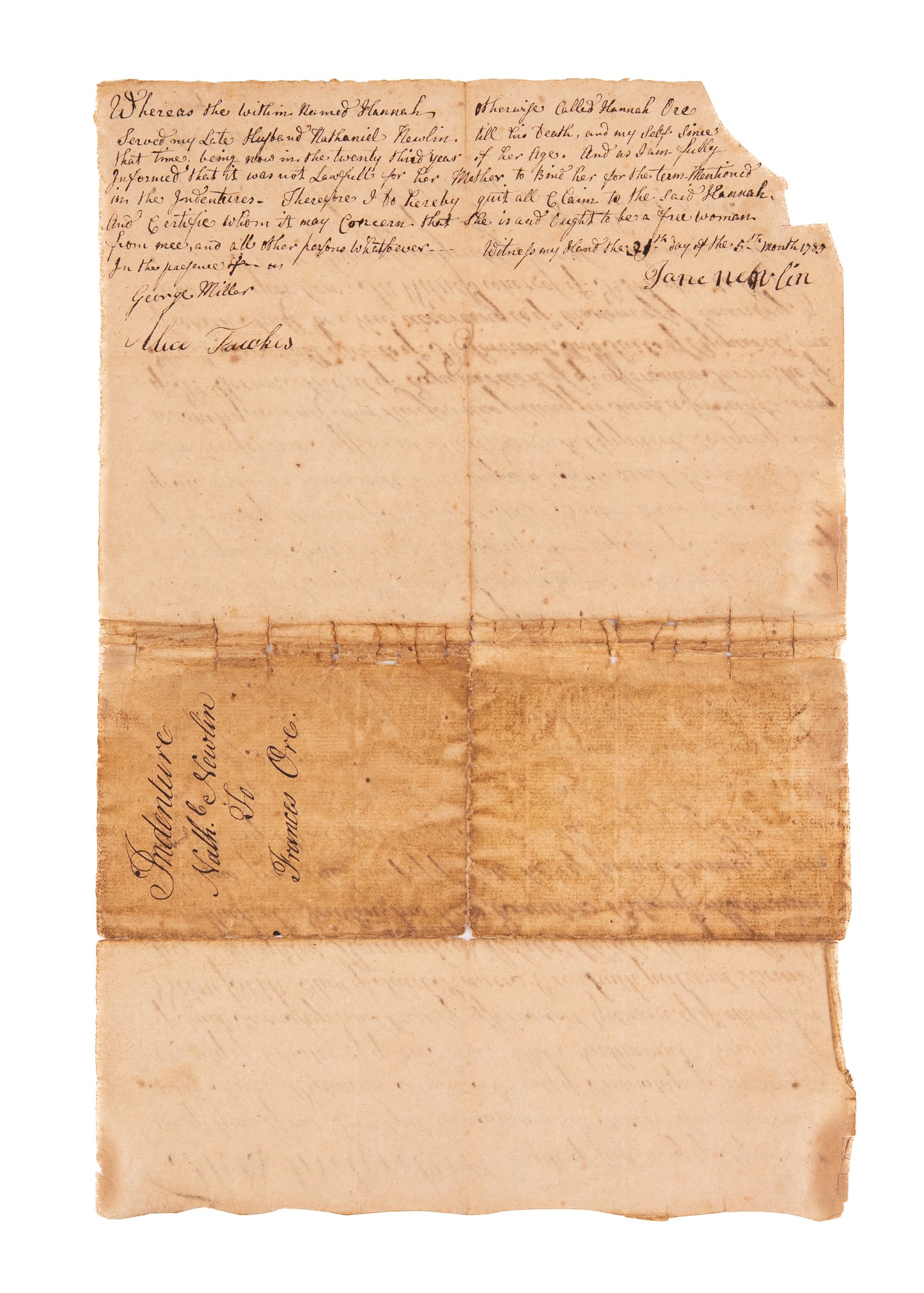 1785 QUAKER BIRACIAL MANUMISSION. Superb Document Illustrating Increasing Abolitionist Tendencies of Late 18th Century.