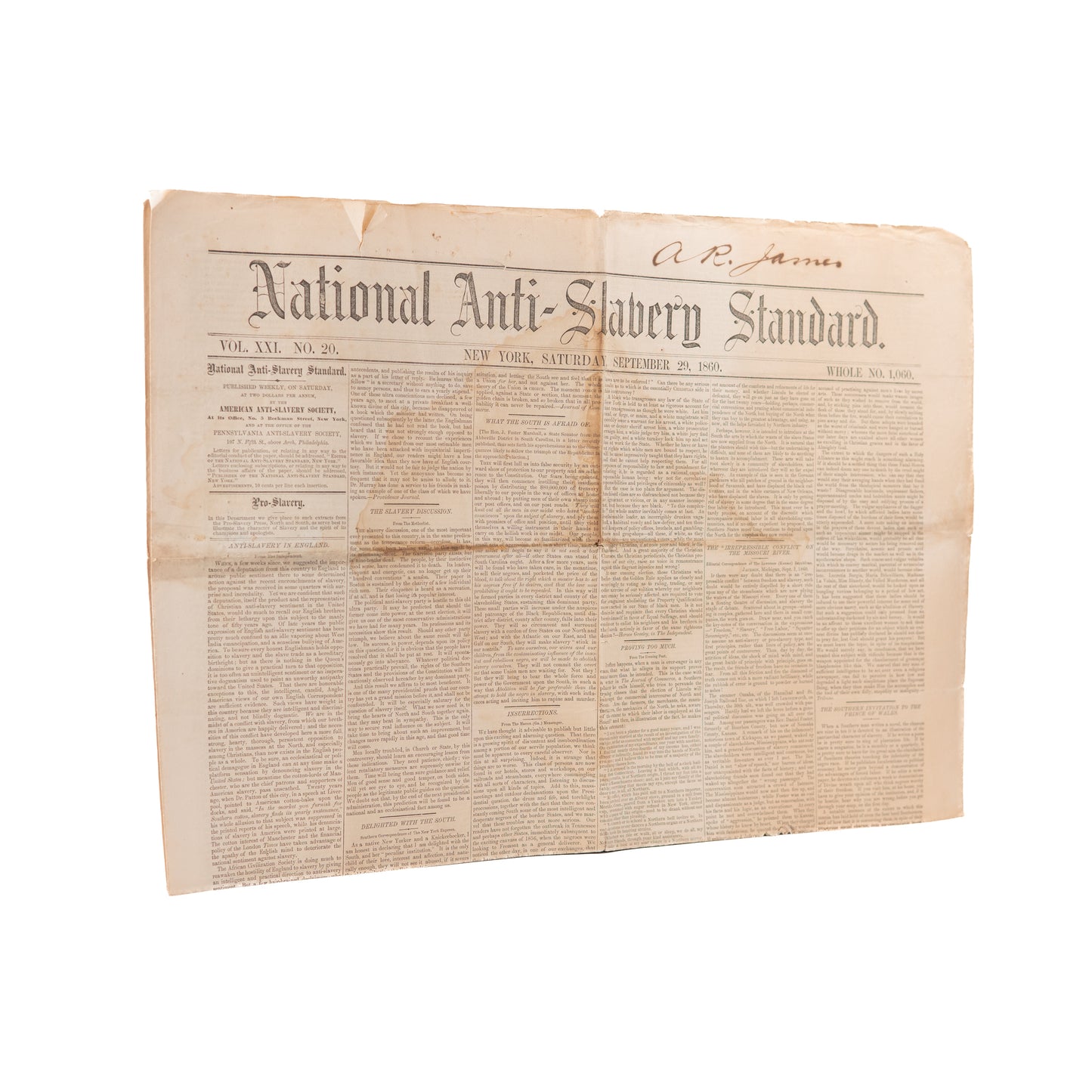 1860 NATIONAL ANTI-SLAVERY STANDARD. Rare Abolitionist Paper - Slave Revolts & Fugitive Slaves.