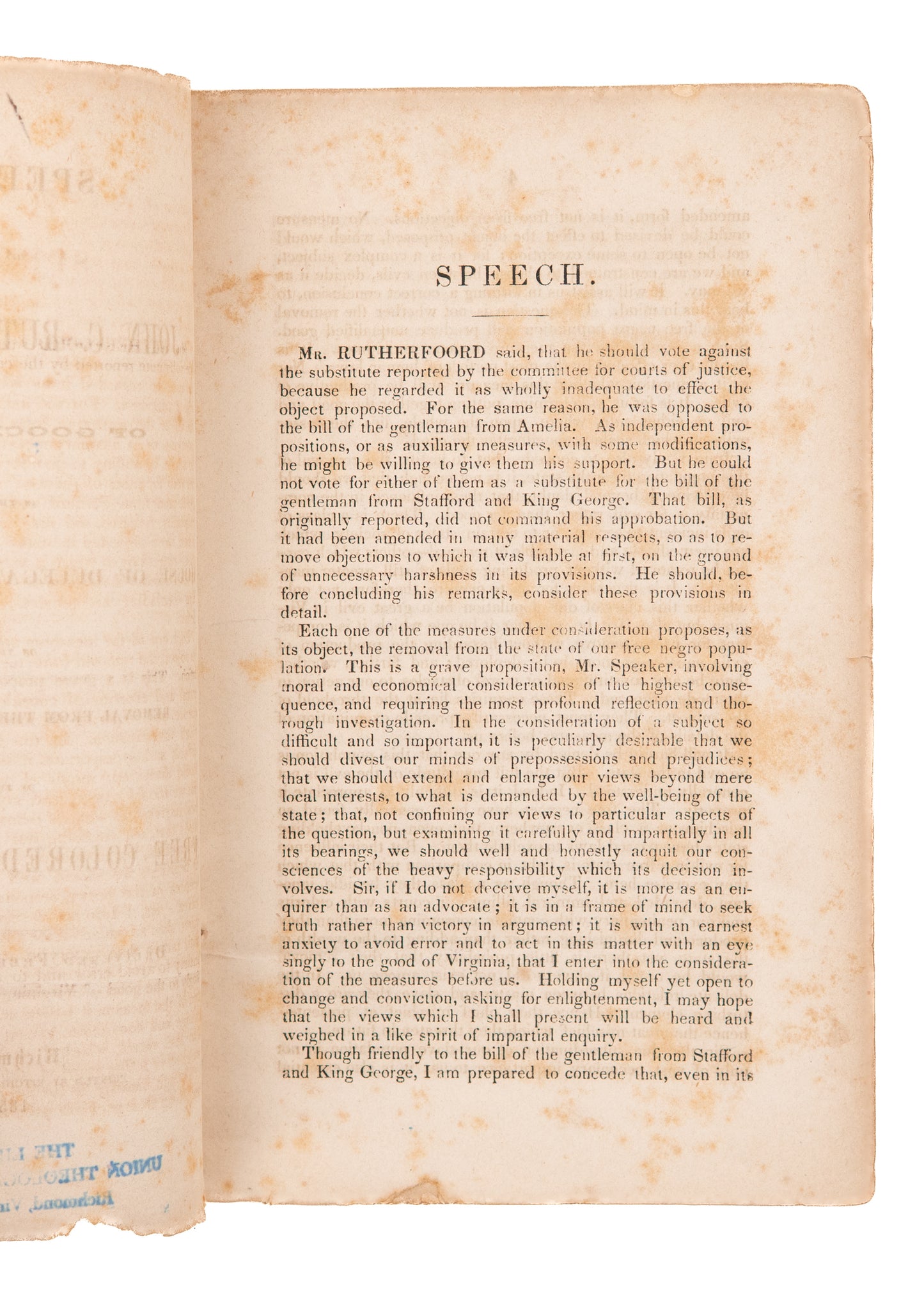 1853 JOHN C. RUTHERFOORD. Address on Ridding Virginia of the Evil, Mischievous Free Negroes.