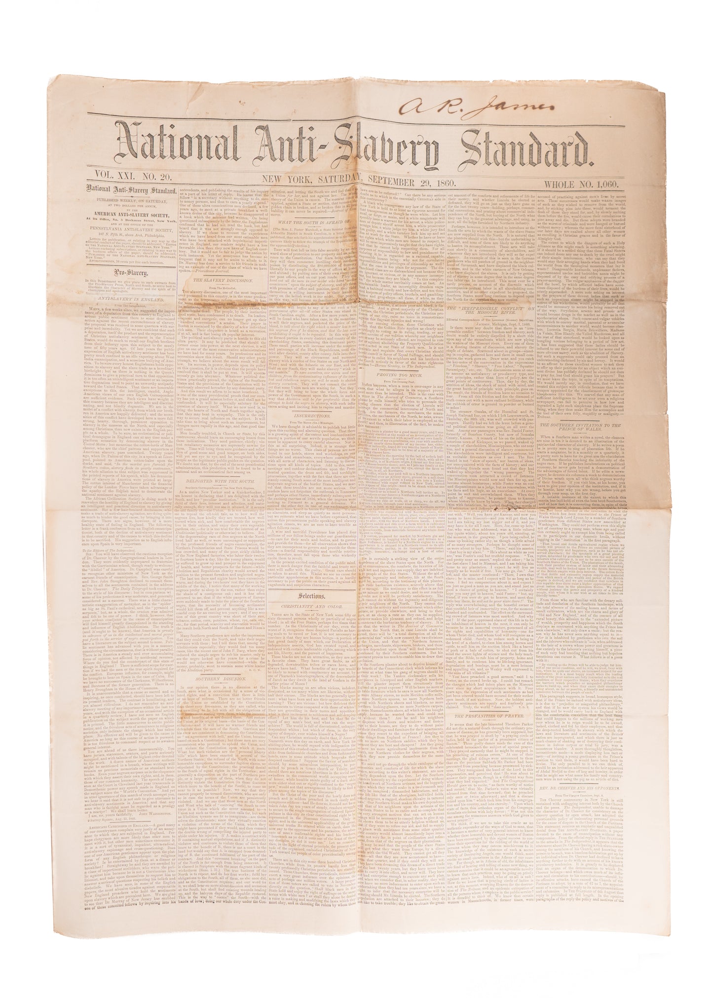 1860 NATIONAL ANTI-SLAVERY STANDARD. Rare Abolitionist Paper - Slave Revolts & Fugitive Slaves.
