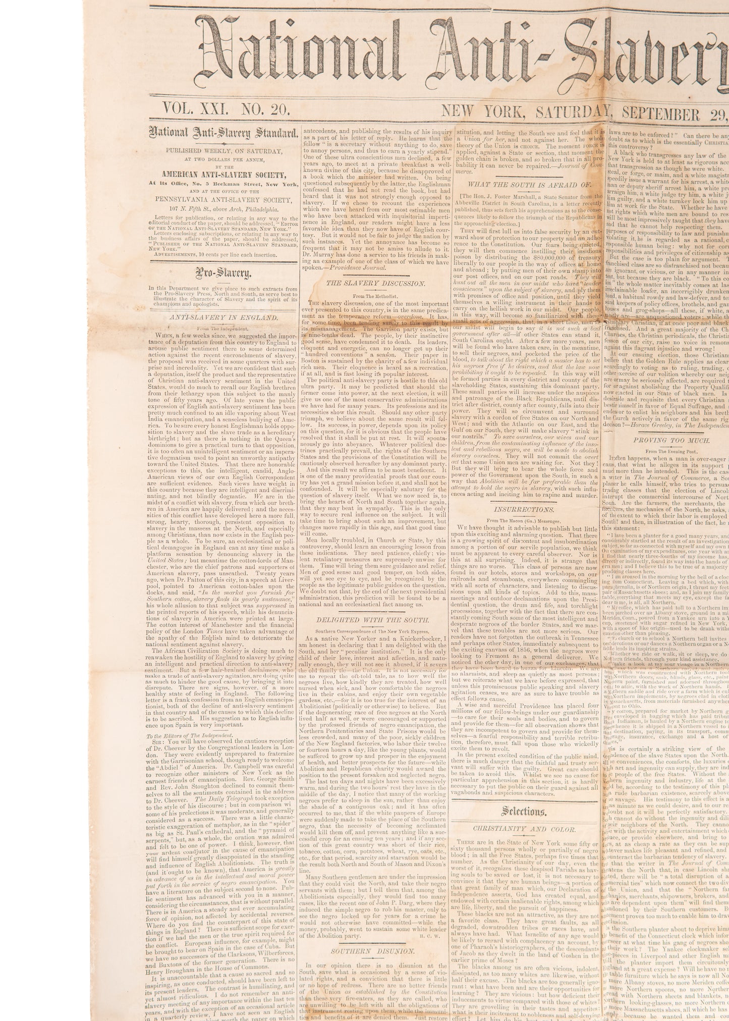 1860 NATIONAL ANTI-SLAVERY STANDARD. Rare Abolitionist Paper - Slave Revolts & Fugitive Slaves.