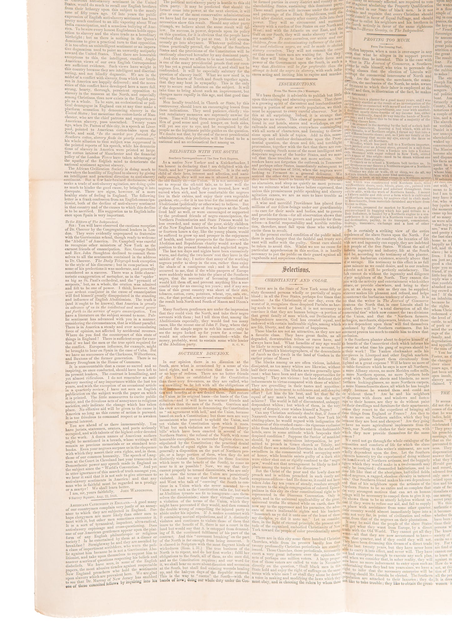 1860 NATIONAL ANTI-SLAVERY STANDARD. Rare Abolitionist Paper - Slave Revolts & Fugitive Slaves.