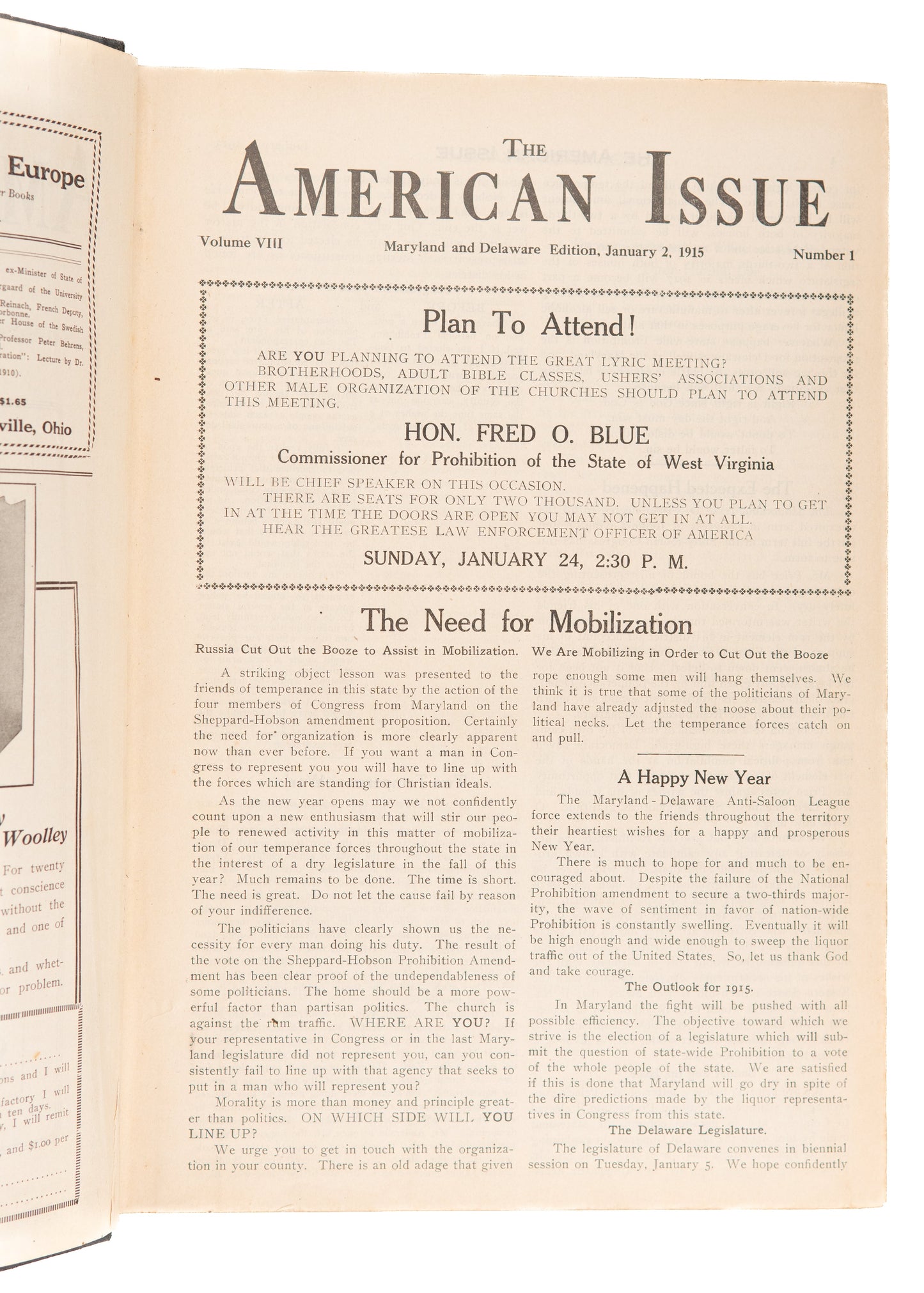 1915 ANTI-SALOON LEAGUE. Entire Year of Prohibition - Anti-Liquor Periodical.