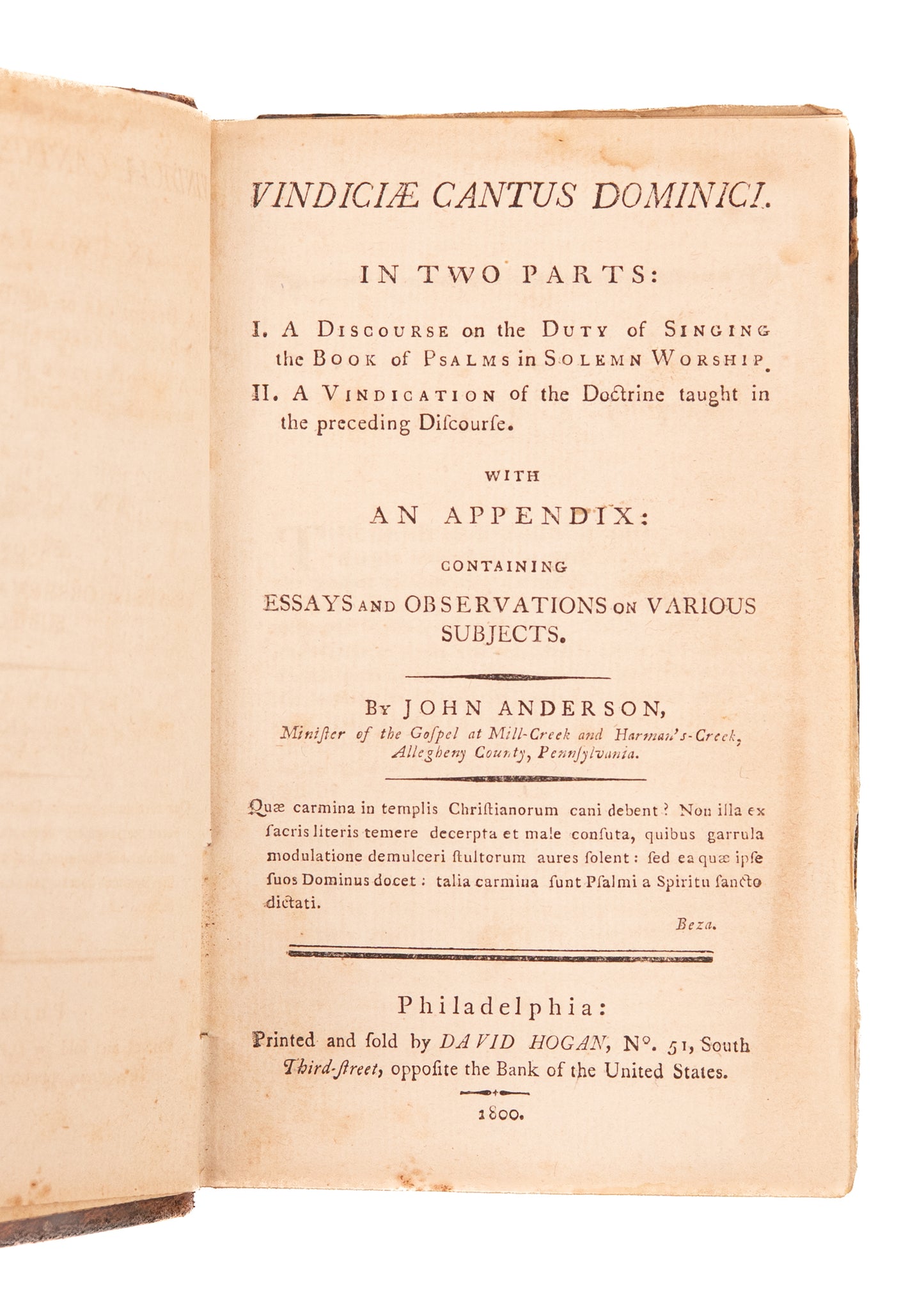 1800 JOHN ANDERSON. Vindiciae Cantus Dominici. First Work on Exclusive Psalmody Published in America.