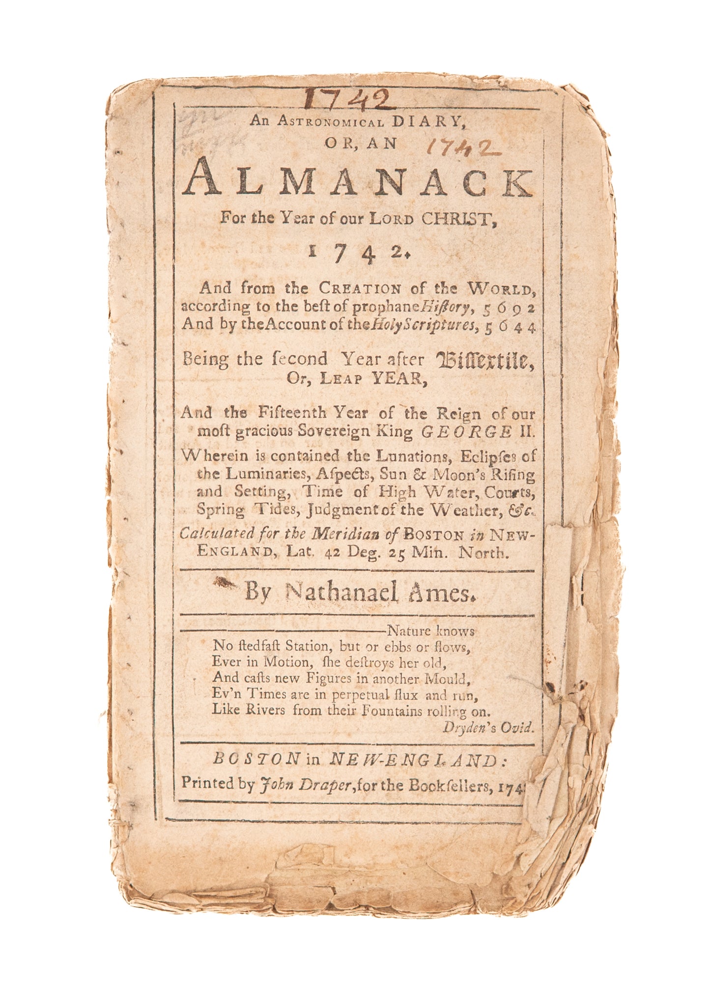 1742 JOHN PORTER. MSs Almanack of Convert of George Whitefield & Great Awakening Divine.