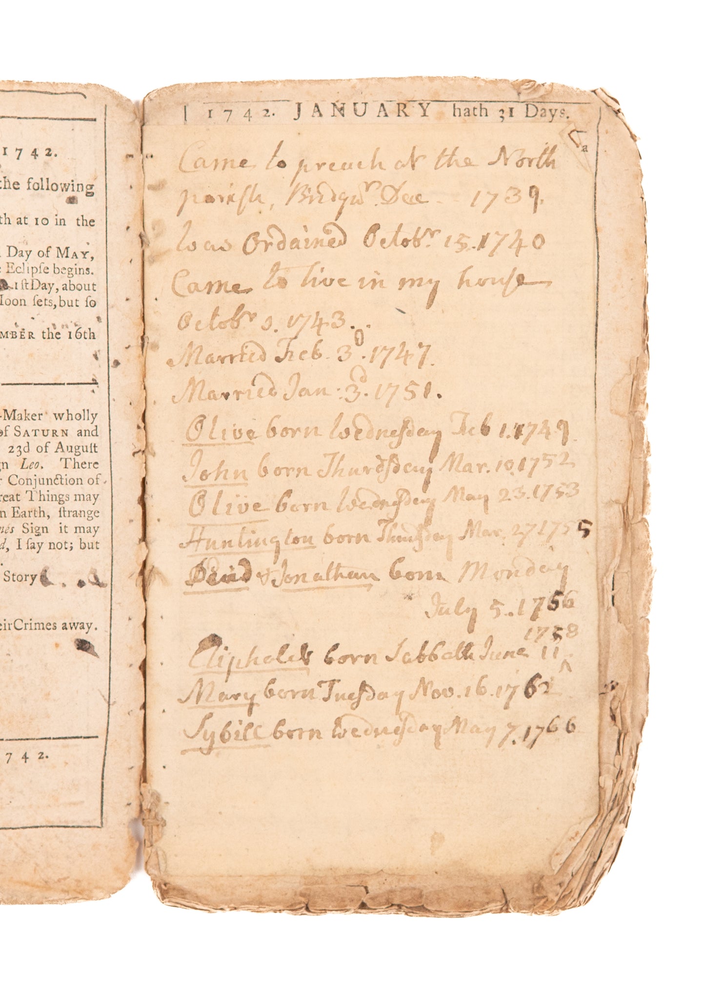 1742 JOHN PORTER. MSs Almanack of Convert of George Whitefield & Great Awakening Divine.