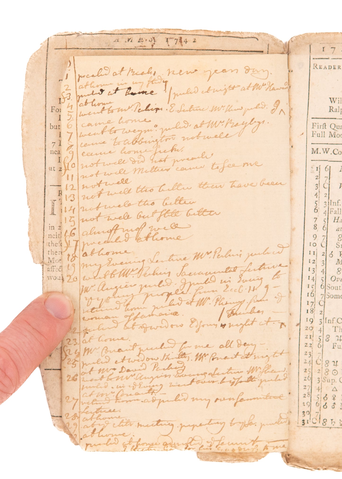 1742 JOHN PORTER. MSs Almanack of Convert of George Whitefield & Great Awakening Divine.