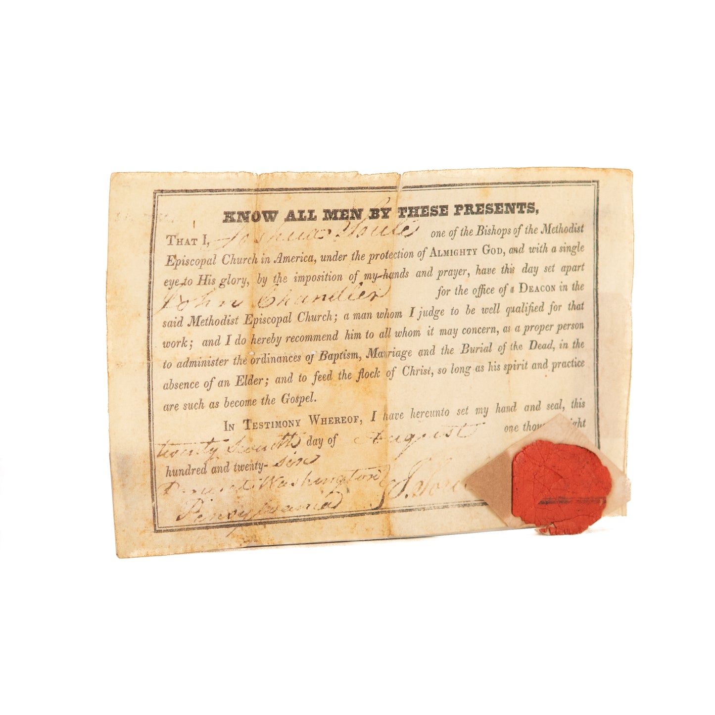 1826 JOSHUA SOULE. John ChandlerAppointed Deacon of the Methodist Episcopal Church in America.