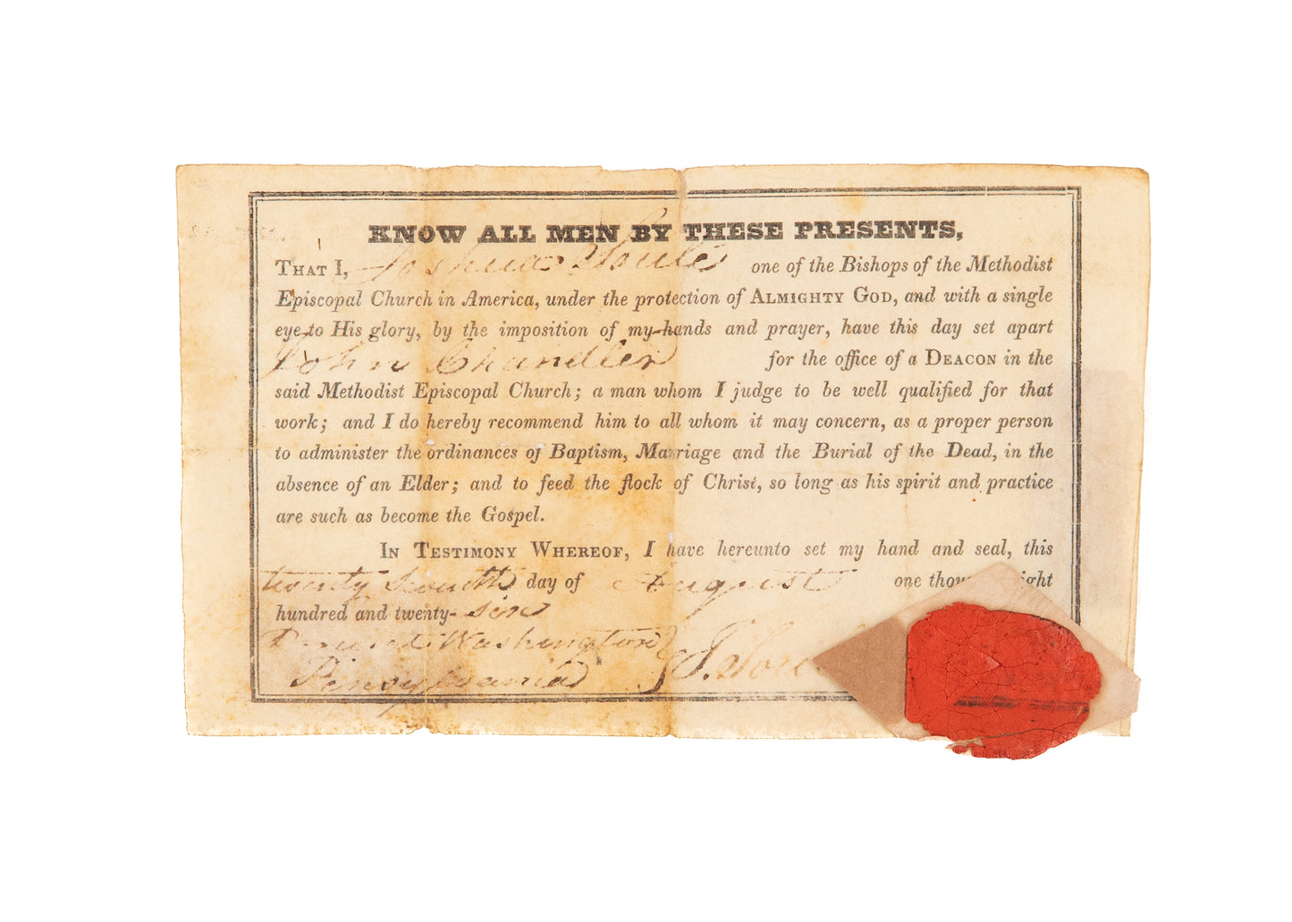 1826 JOSHUA SOULE. John ChandlerAppointed Deacon of the Methodist Episcopal Church in America.