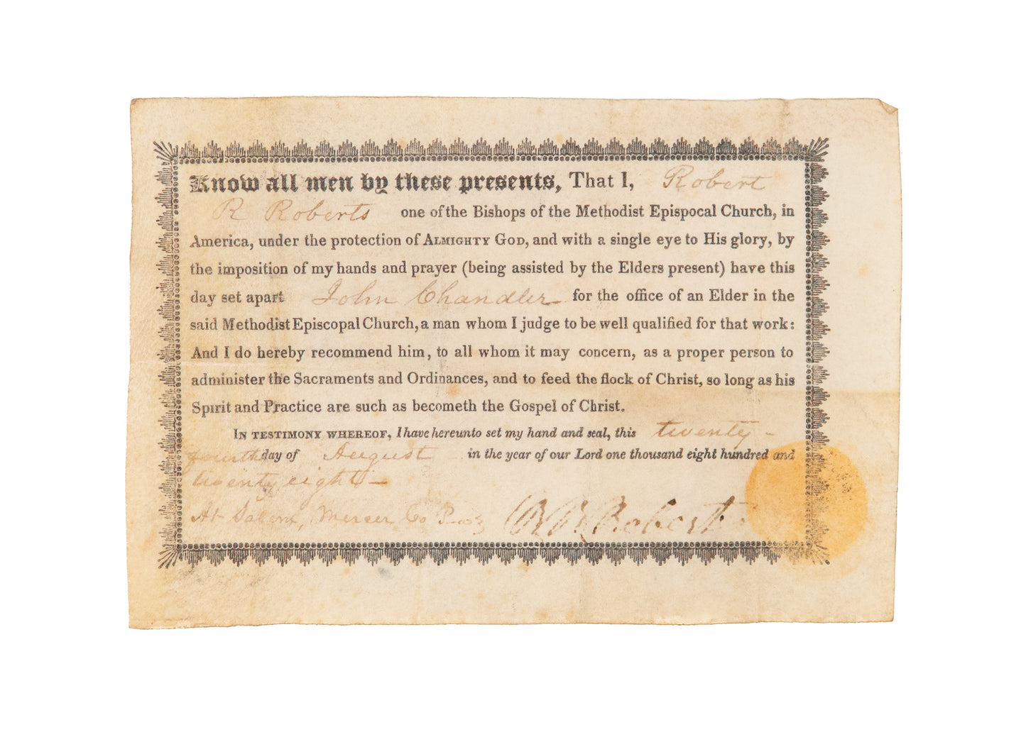 1828 ROBERT R. ROBERTS. Appointment of John Chandler to Elder of the Methodist Episcopal Church.