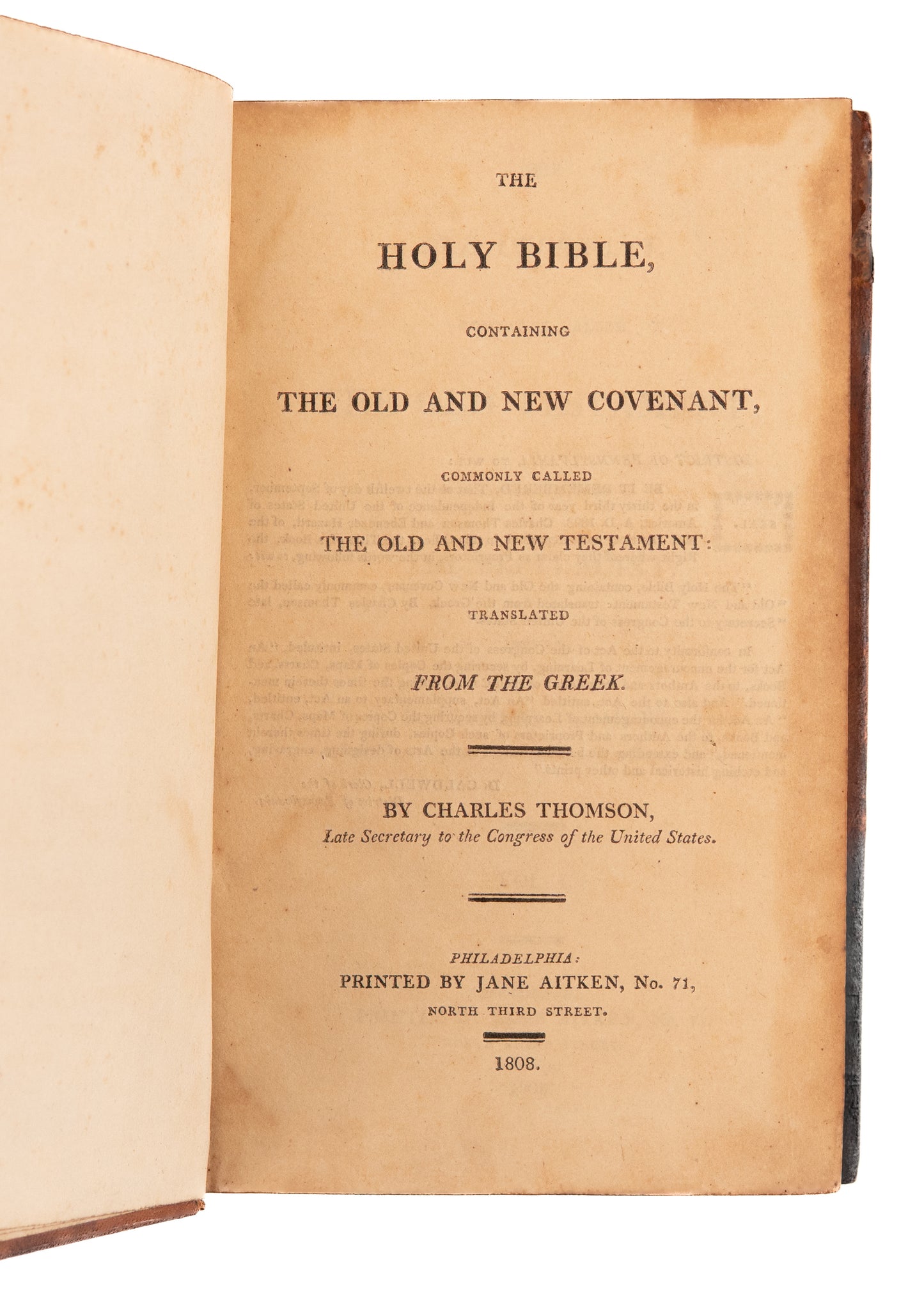 1808 JANE AITKEN. First Female Printed Bible in America. Superb First Edition of Thomson's Translation.