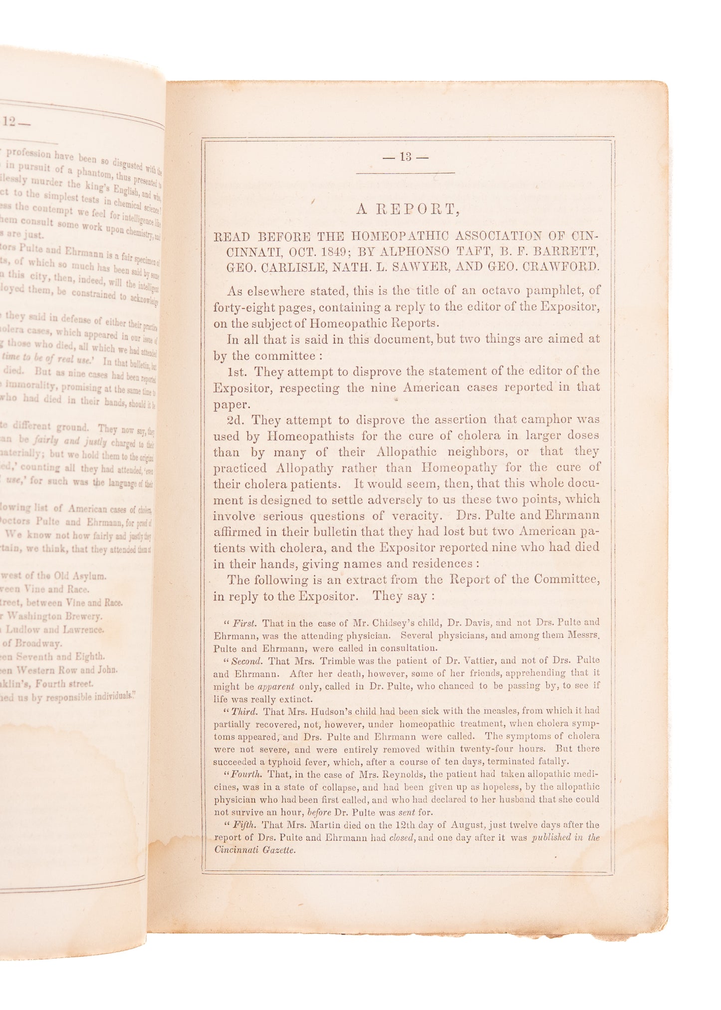 1850 CHOLERA EPIDEMIC. The Cholera in Cincinnati. A Debate between a Homeopathist and a Methodist. RARE.