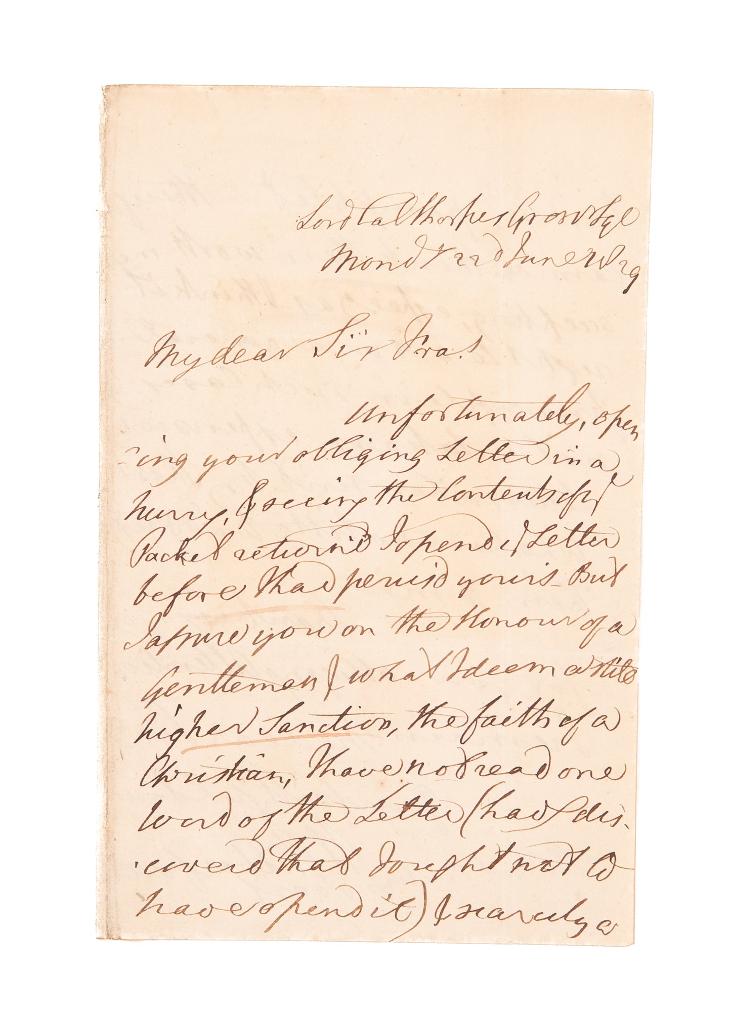 1829 WILLIAM WILBERFORCE. Letter Regarding Potential Bribery to Long-Time Friend, Francis Freeling.