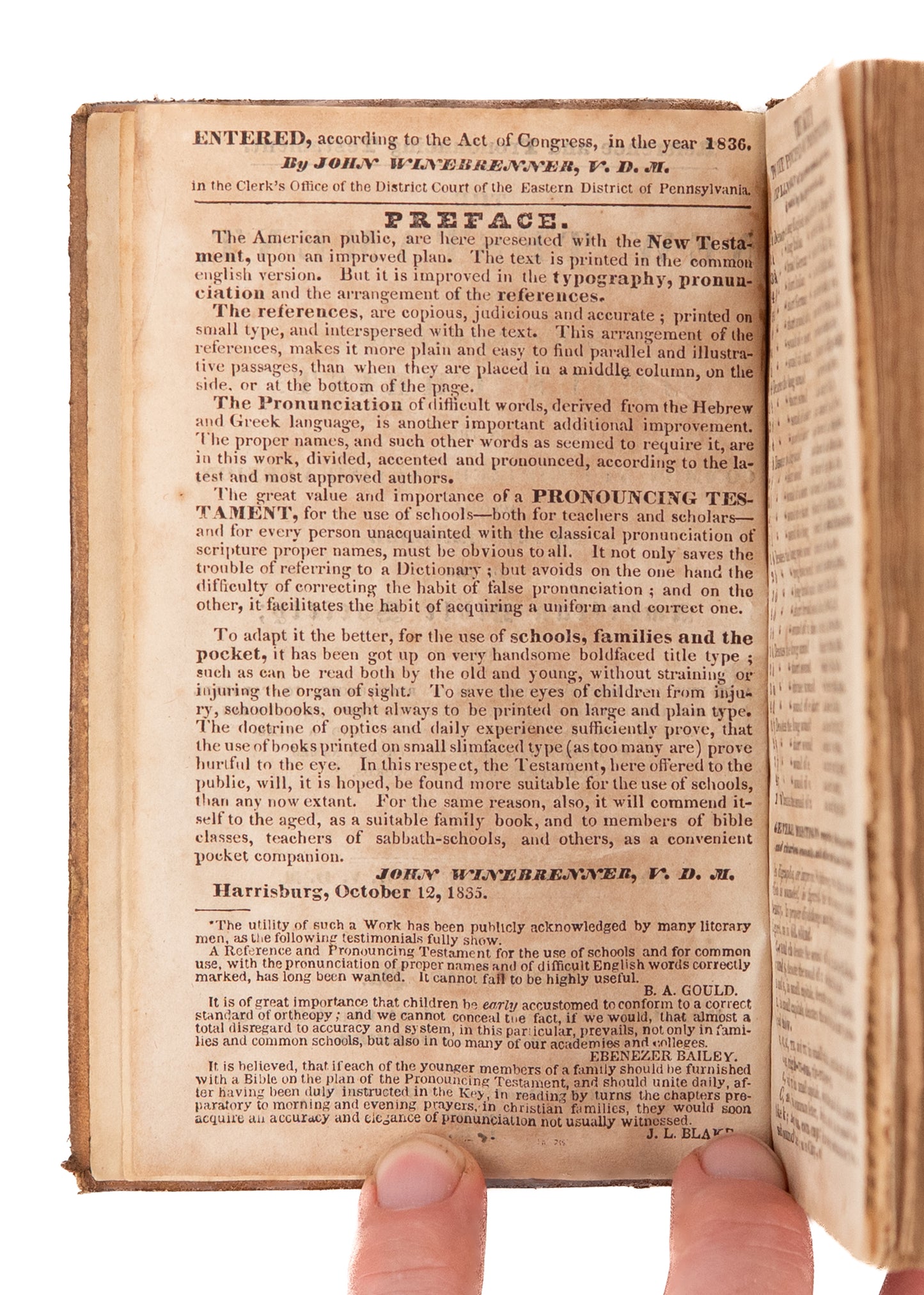 1836 JOHN WINEBRENNER. Rare Winebrenner New Testament with New Translations, Foot Washing, Revival, &c.