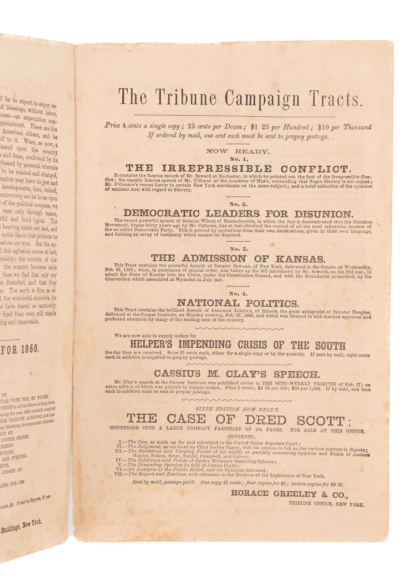 1860 KANSAS - ABRAHAM LINCOLN. Rare Tribune Tract on Admission of Kansas & 1860 Election.