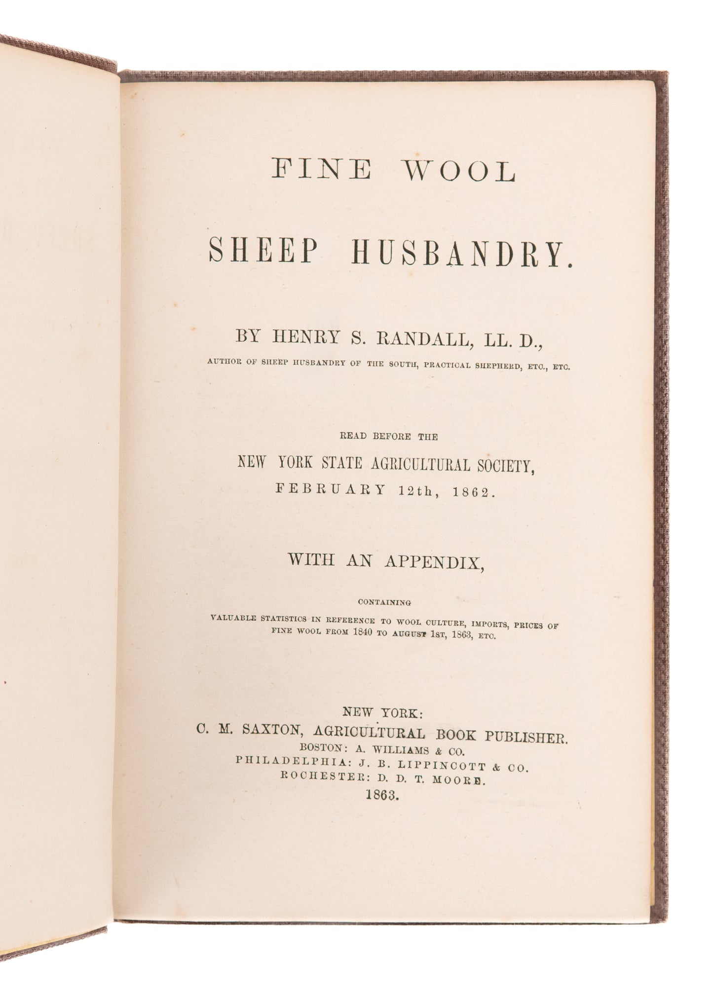 1863 HENRY S. RANDALL. Fine Wool Sheep Husbandry. Rare on Merino Wools & Sheep Breeding.